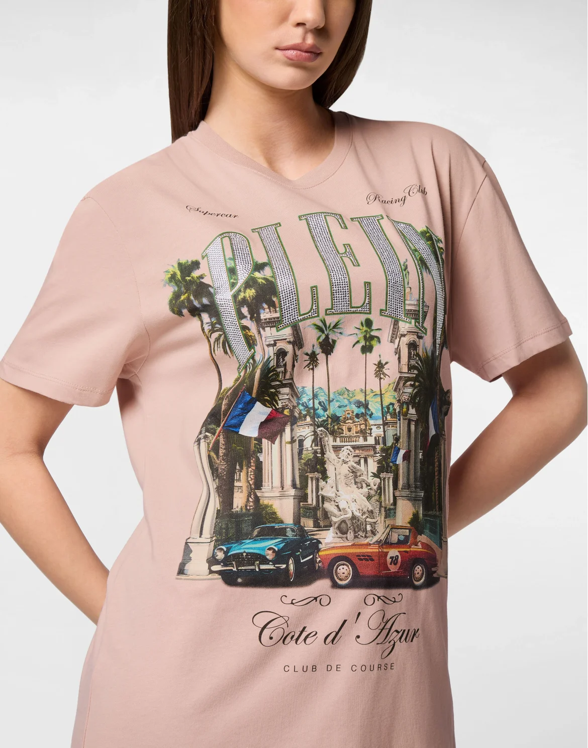 T-Shirt Sexy Pure Fit Vintage Racing Strass, цвет: Розовый