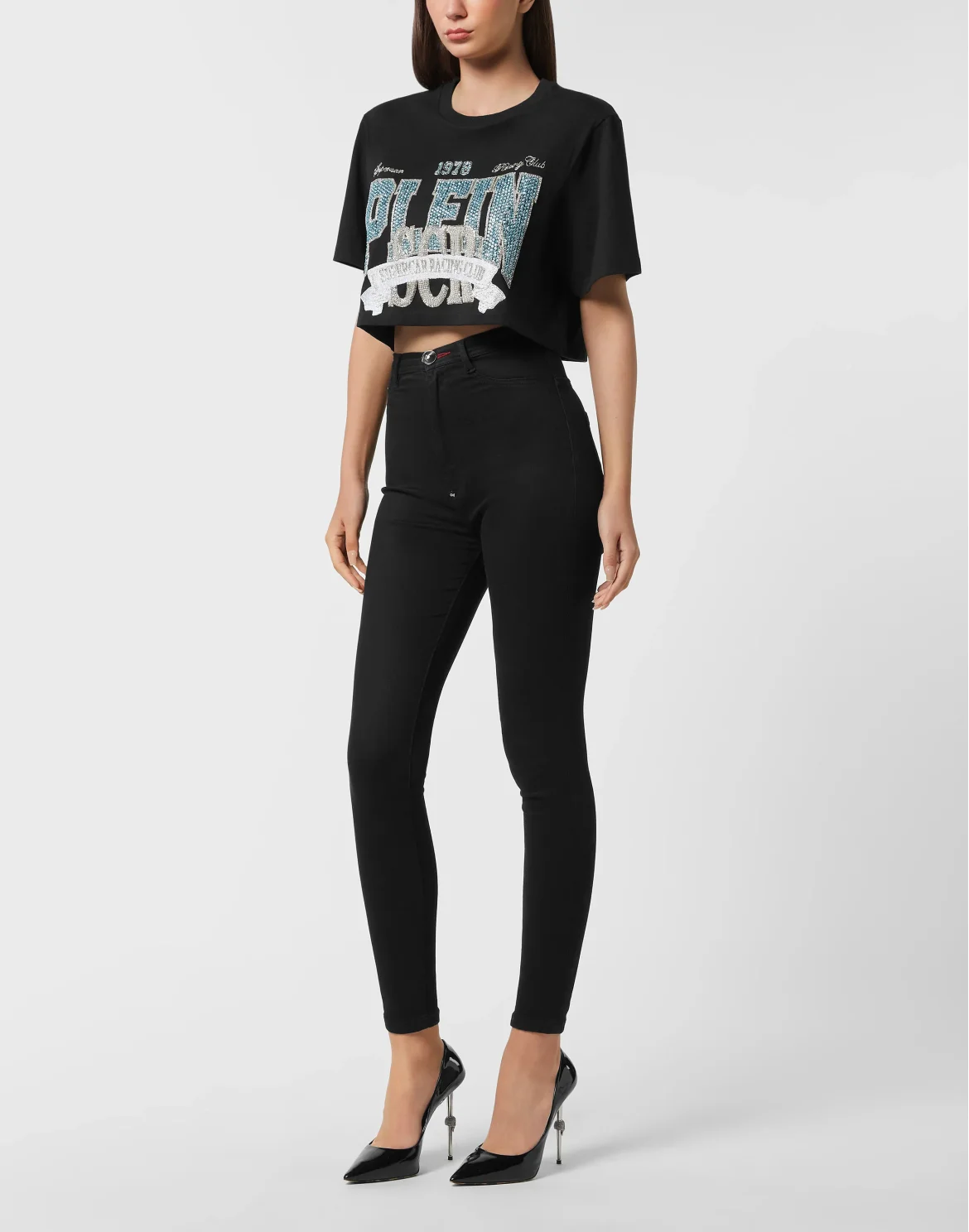 T-shirt Round Neck SS Crop Vintage Print, цвет: Черный