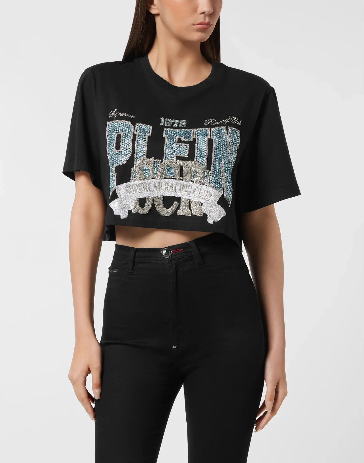 T-shirt Round Neck SS Crop Vintage Print, цвет: Черный