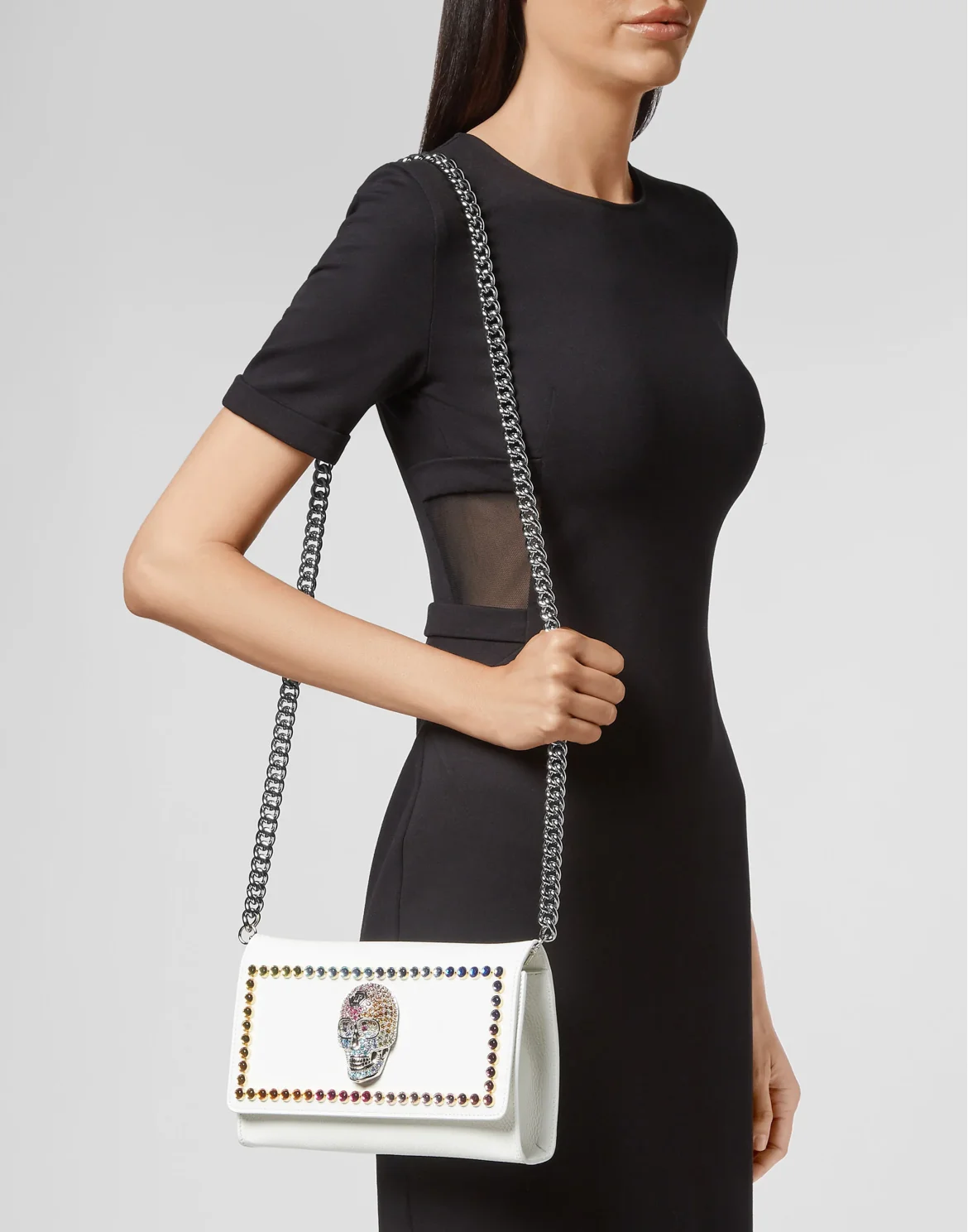 Leather Shoulder Bag Skull with Crystals, цвет: Белый