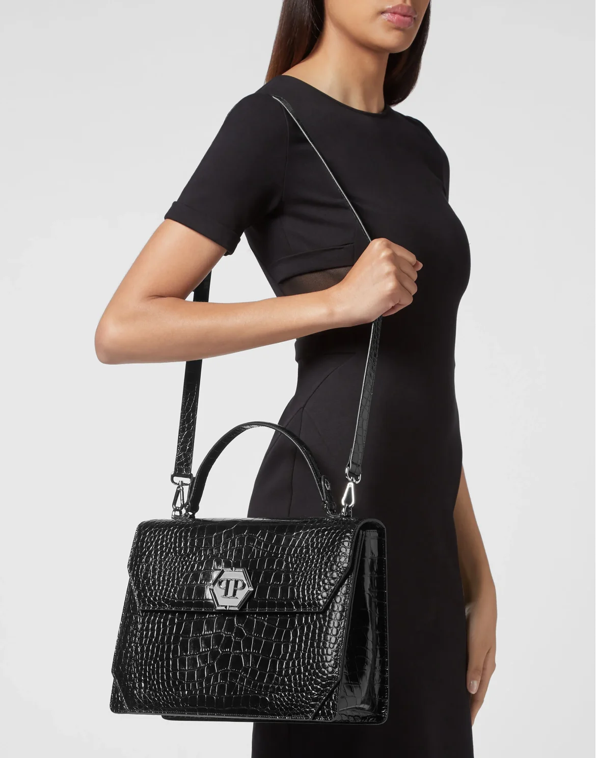 Large Handle Bag Superheroine Croco Print, цвет: Черный