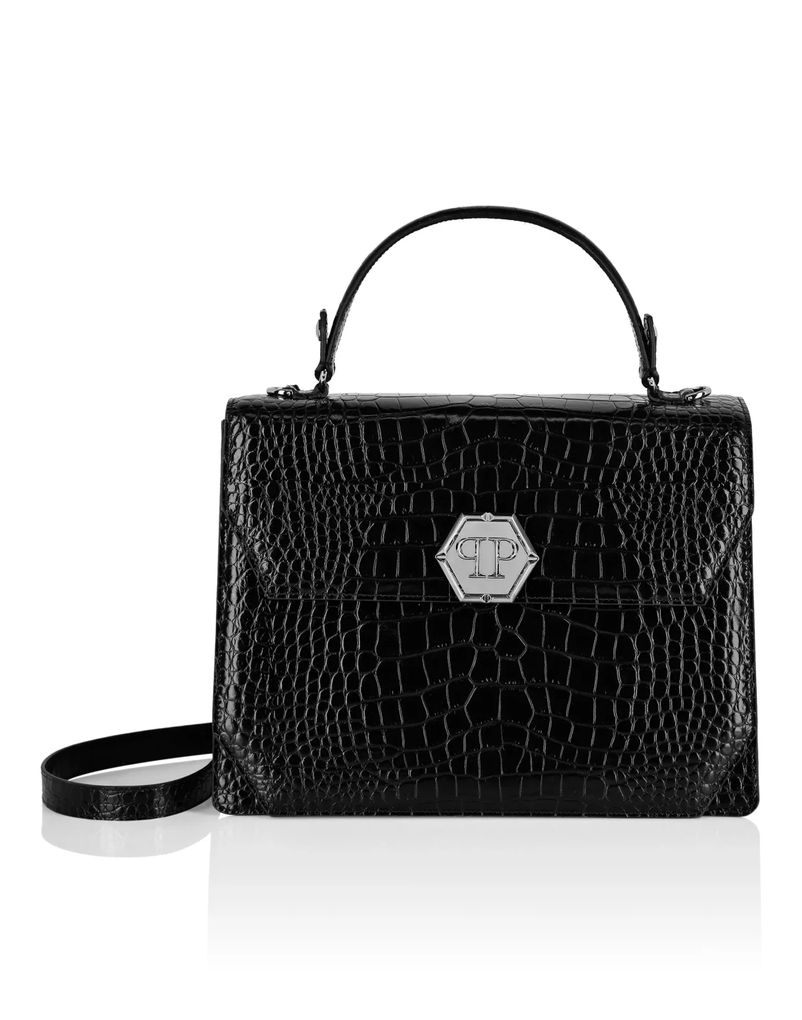 Large Handle Bag Superheroine Croco Print, цвет: Черный