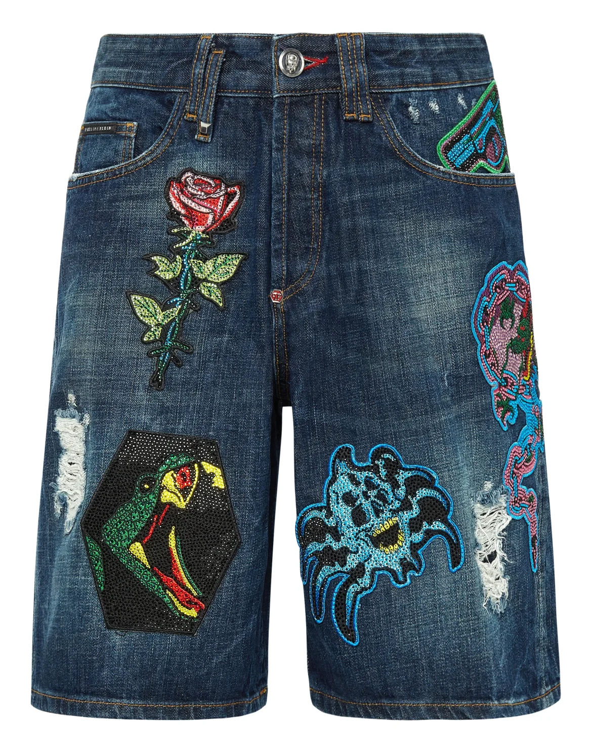 Denim Capri Shorts Destroyed Tattoo Patches, цвет: Синий