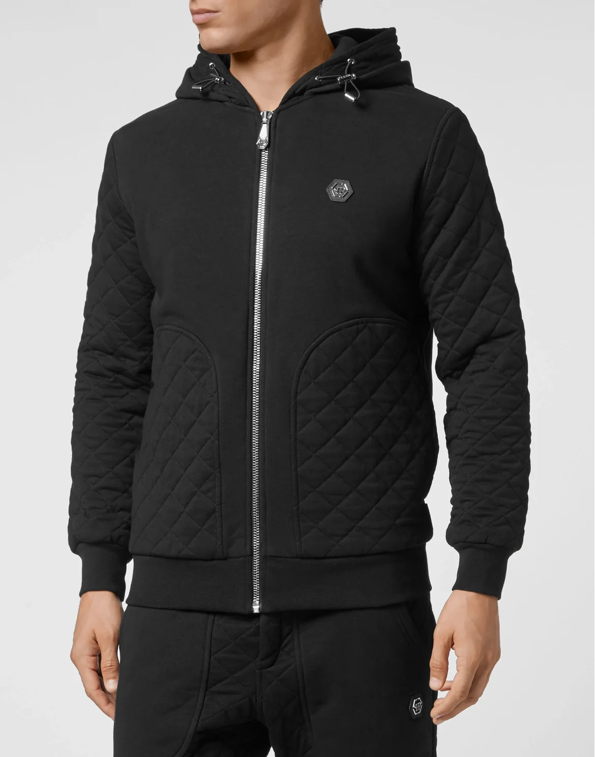 Hoodie Sweatjacket Full Zip Quilted Hexagon, цвет: Черный