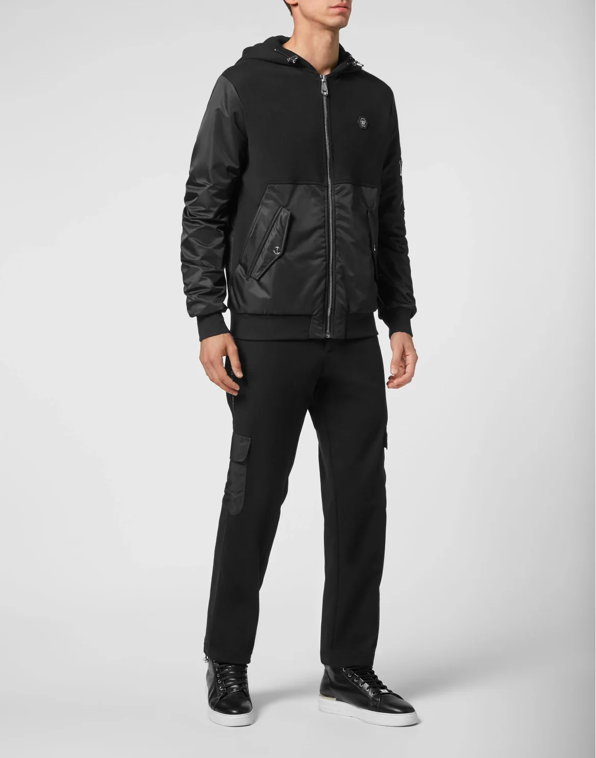 Double Hoodie Sweatjacket Full Zip Nylon Insert Iconic Plein, цвет: Черный