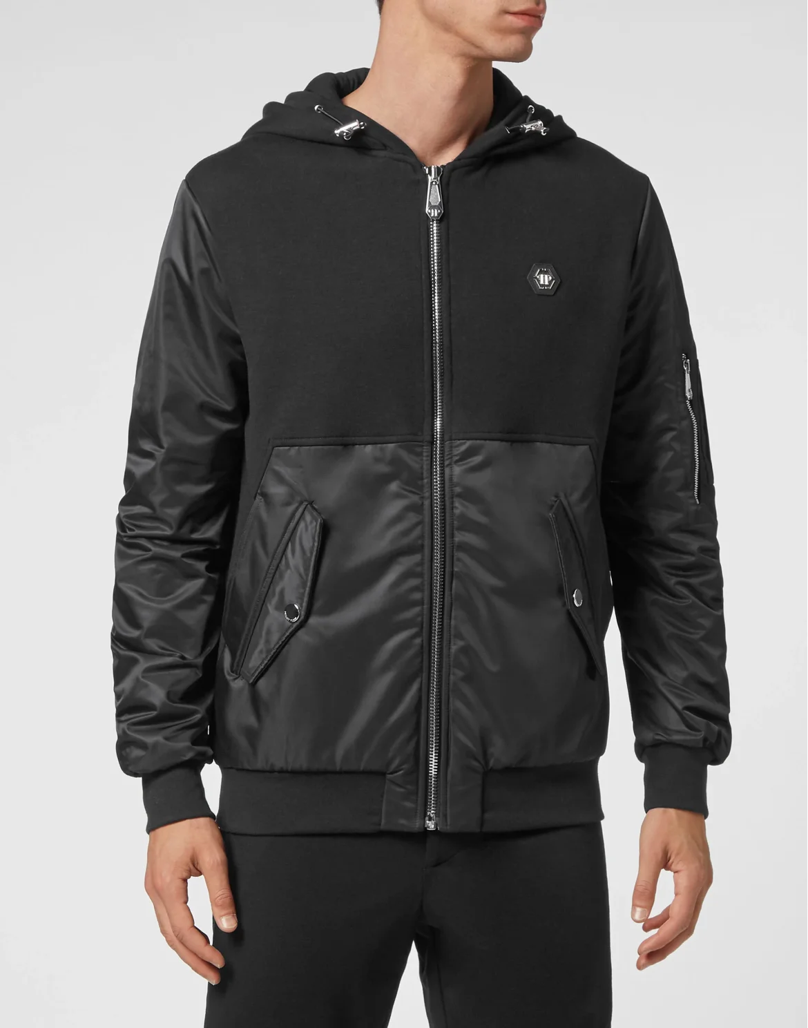 Double Hoodie Sweatjacket Full Zip Nylon Insert Iconic Plein, цвет: Черный