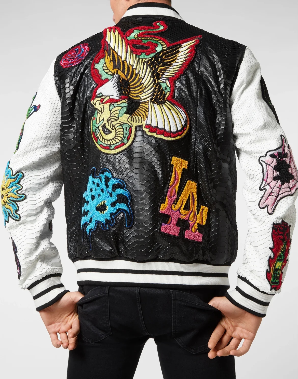 Python Leather College Bomber Tattoo Patches, цвет: Черный