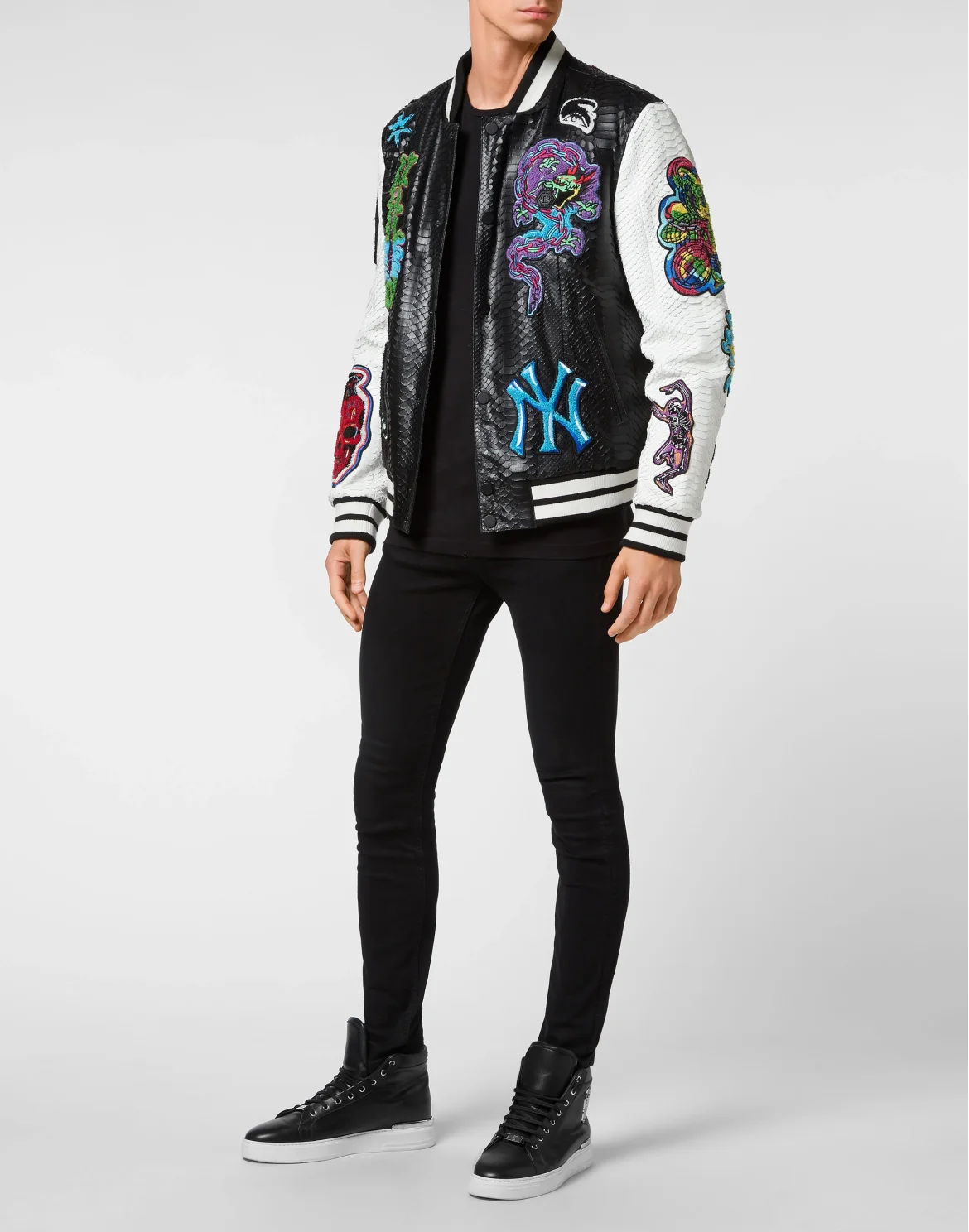 Python Leather College Bomber Tattoo Patches, цвет: Черный