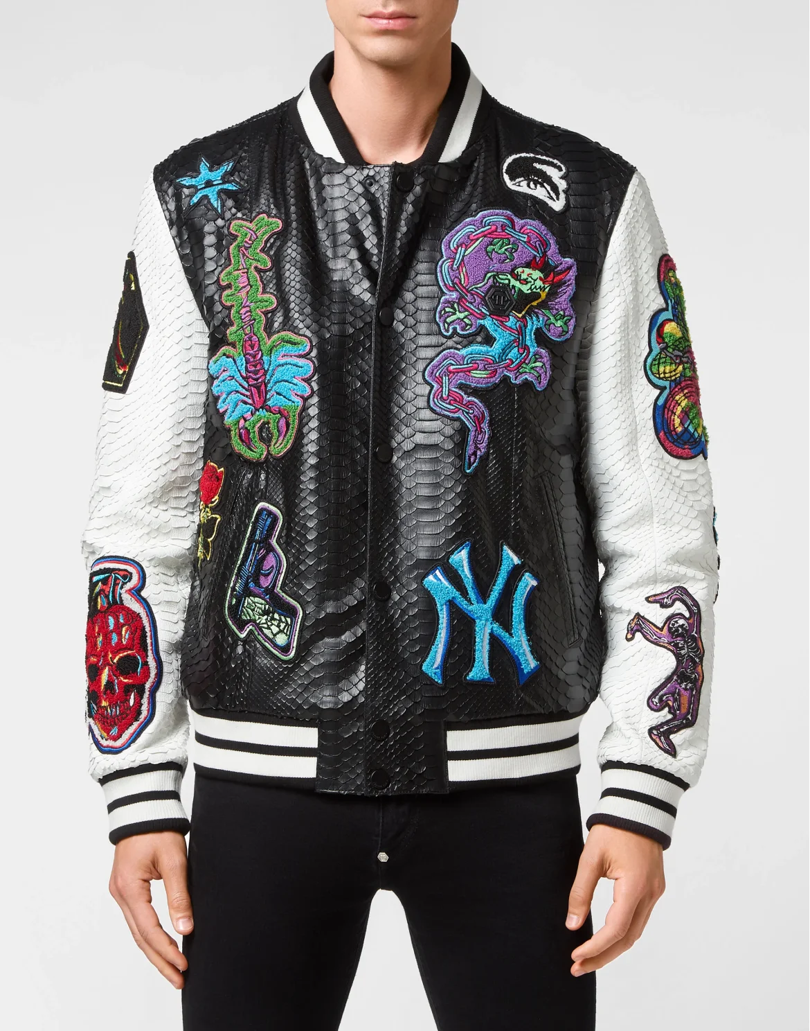 Python Leather College Bomber Tattoo Patches, цвет: Черный