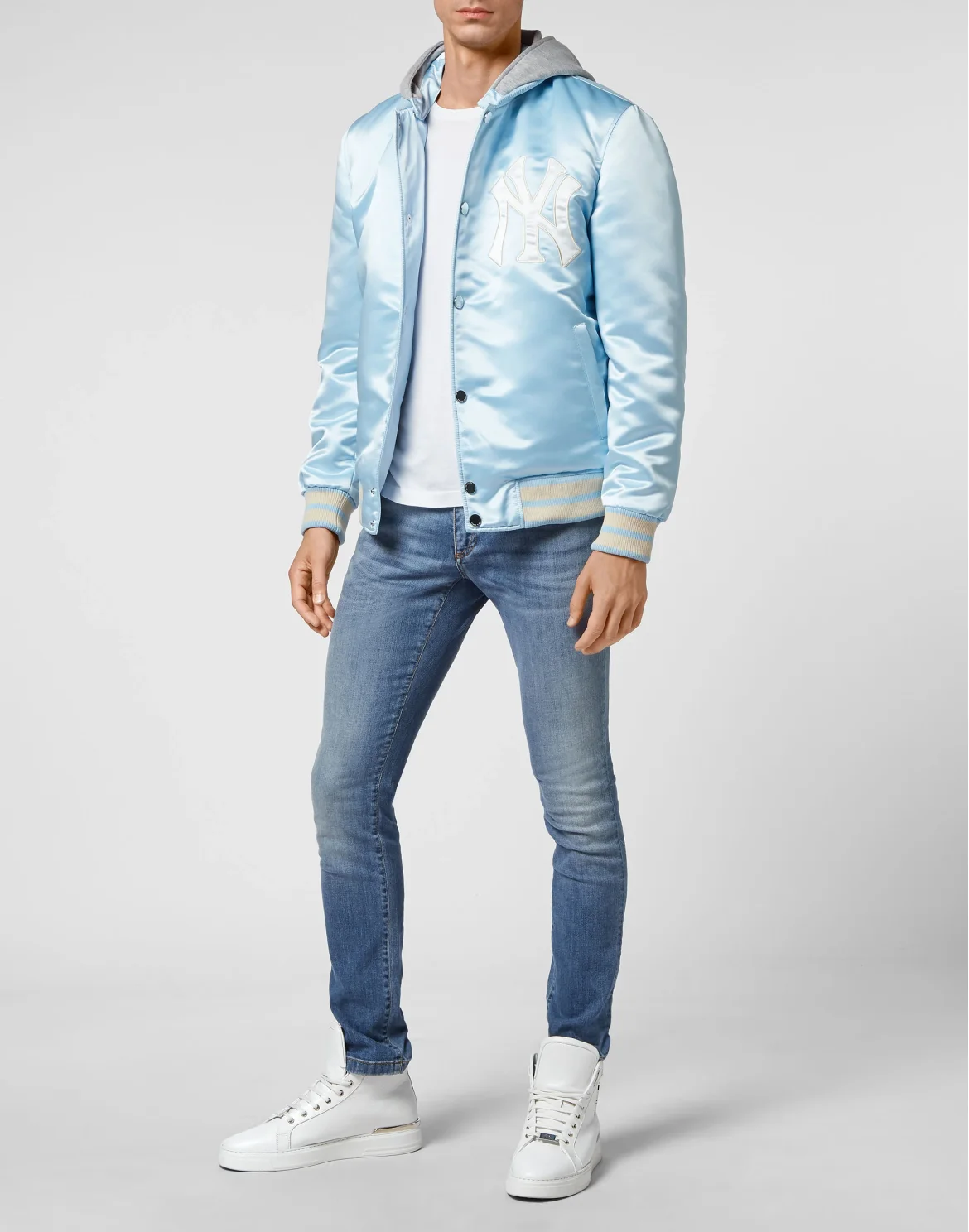 Satin Hoodie College Bomber Iconic Plein, цвет: Голубой