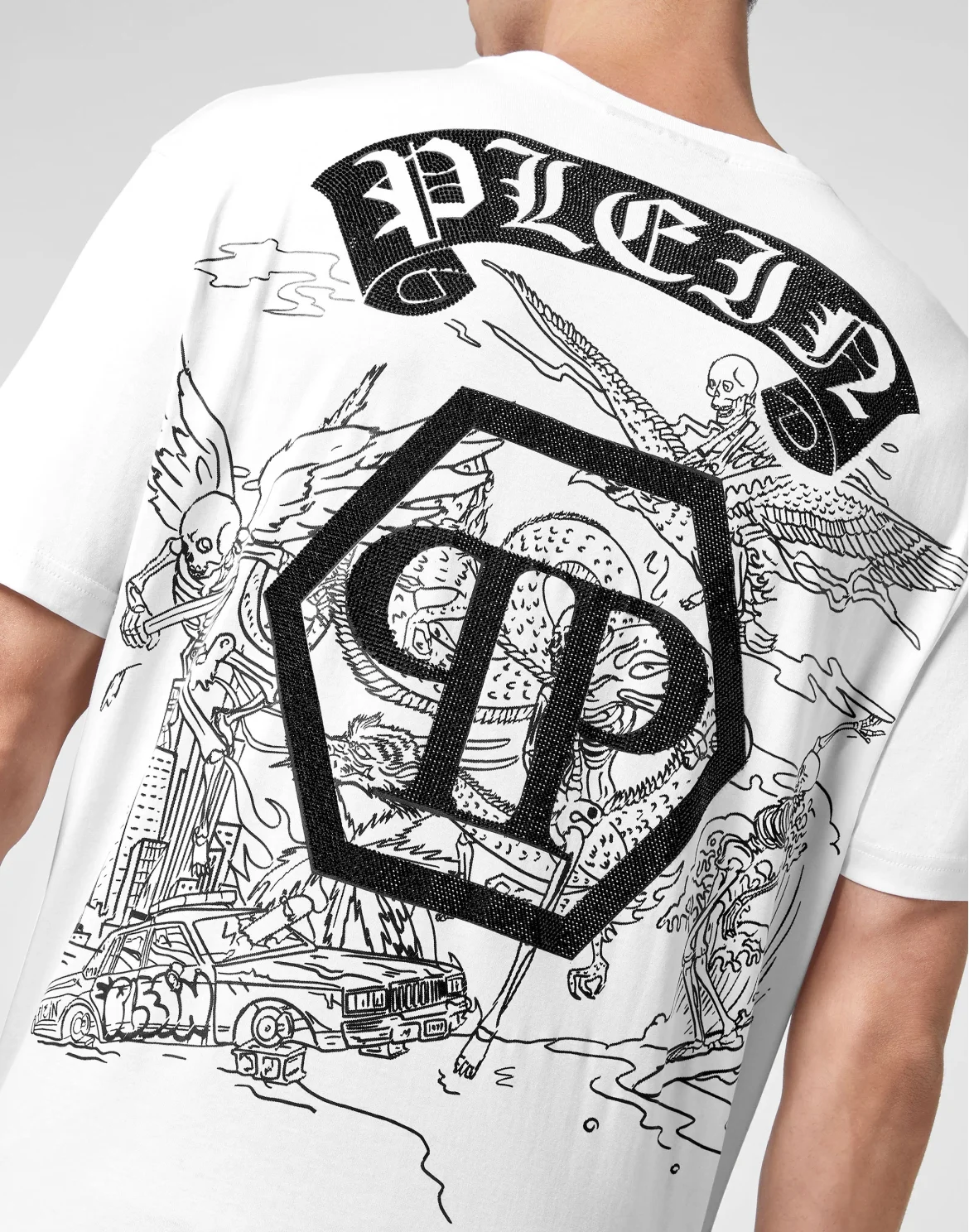 T-shirt Round Neck SS Embroidery Gothic Plein with Crystals, цвет: Белый