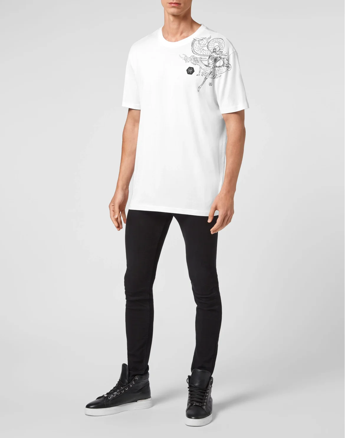 T-shirt Round Neck SS Embroidery Gothic Plein with Crystals, цвет: Белый
