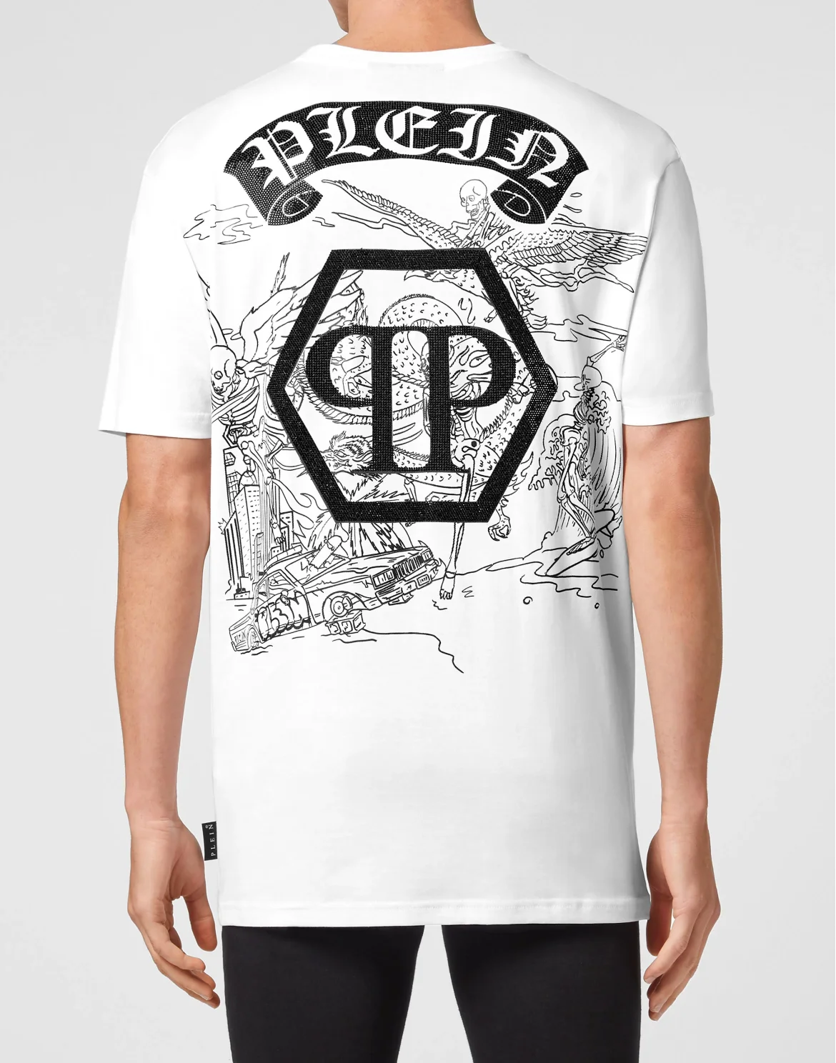 T-shirt Round Neck SS Embroidery Gothic Plein with Crystals, цвет: Белый