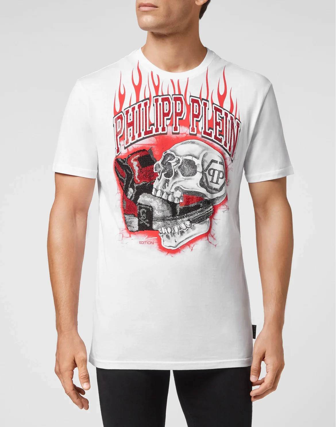 T-shirt Round Neck SS Skull on fire with Crystals, цвет: Белый