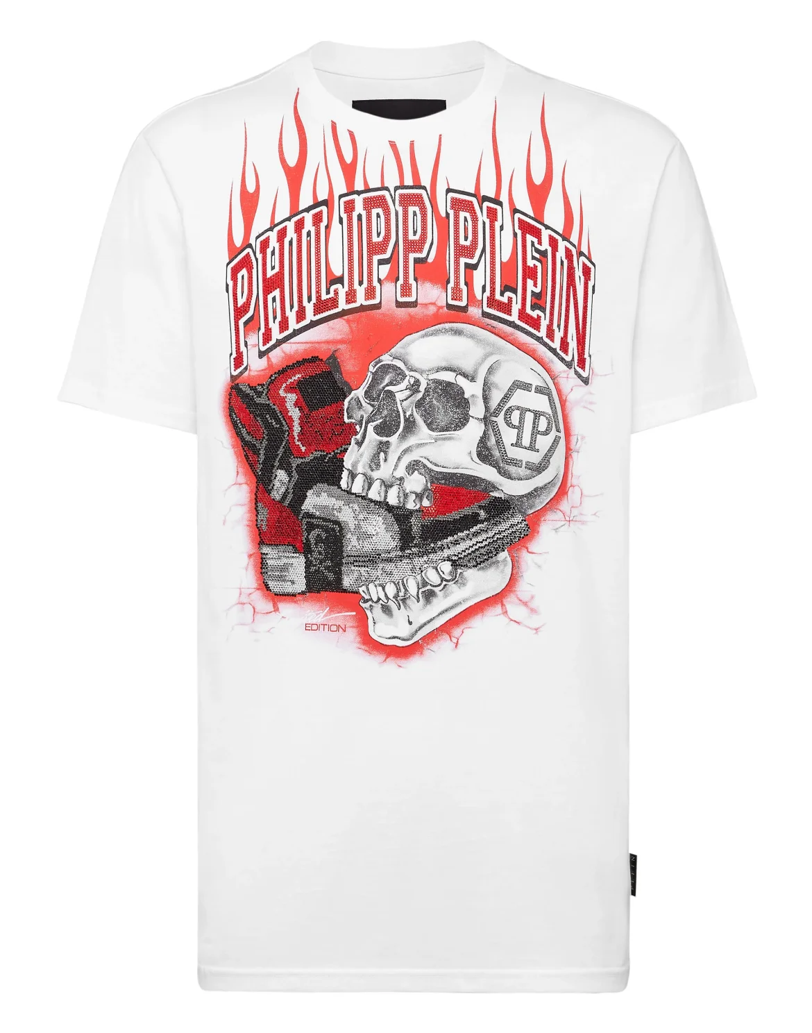 T-shirt Round Neck SS Skull on fire with Crystals, цвет: Белый