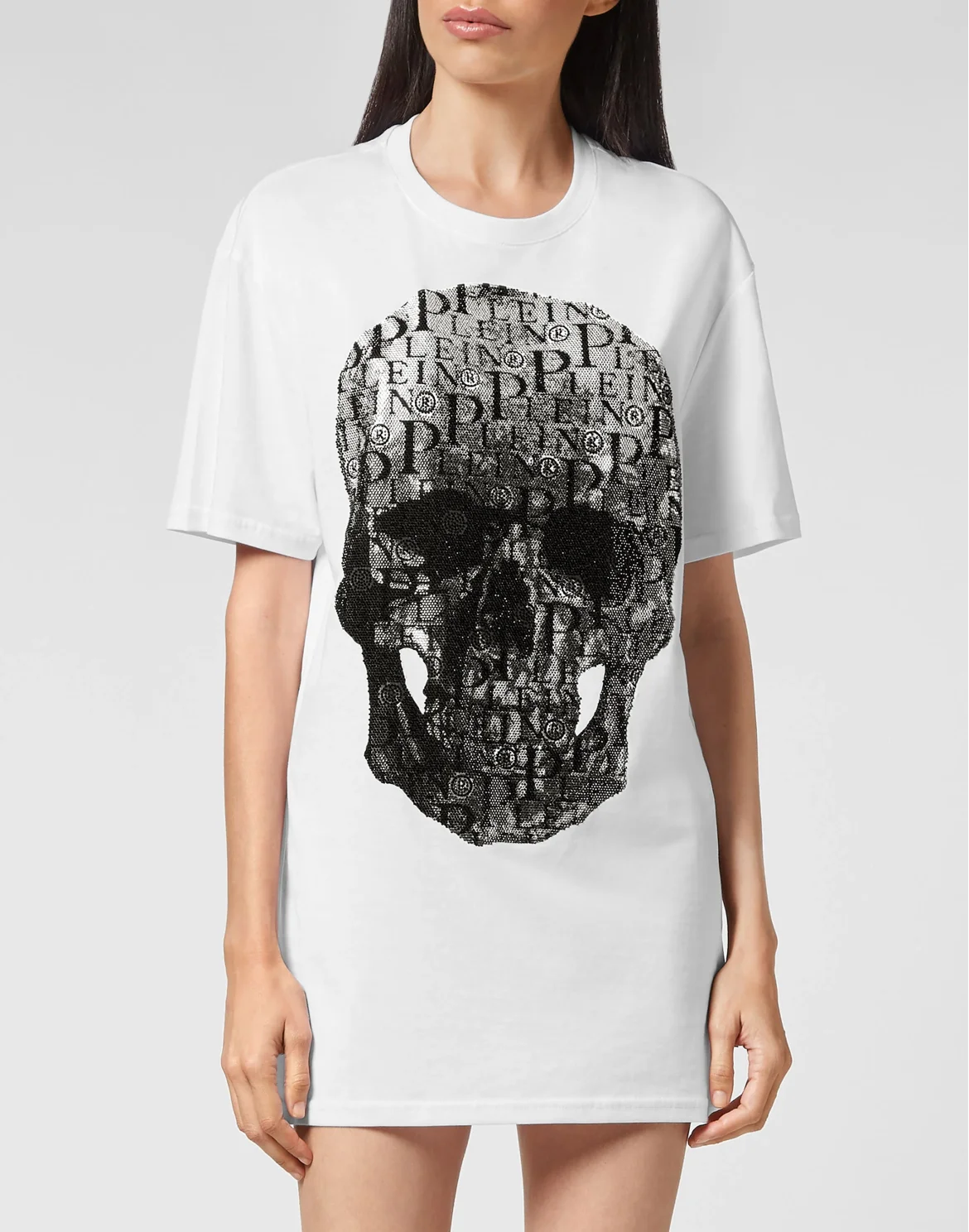 T-shirt Round Neck SS Skull and Plein with Crystals, цвет: Белый