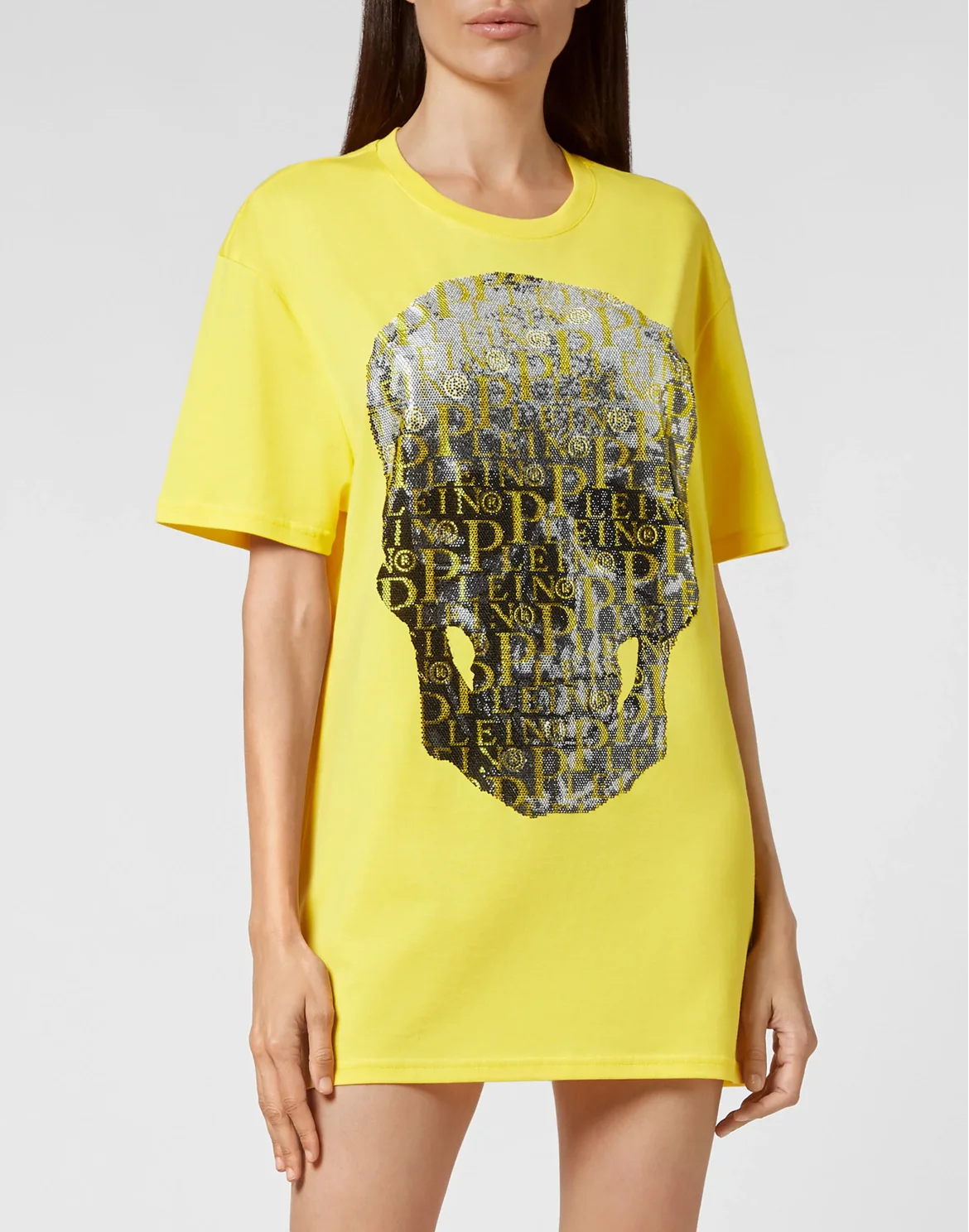 T-shirt Round Neck SS Skull and Plein with Crystals, цвет: Желтый