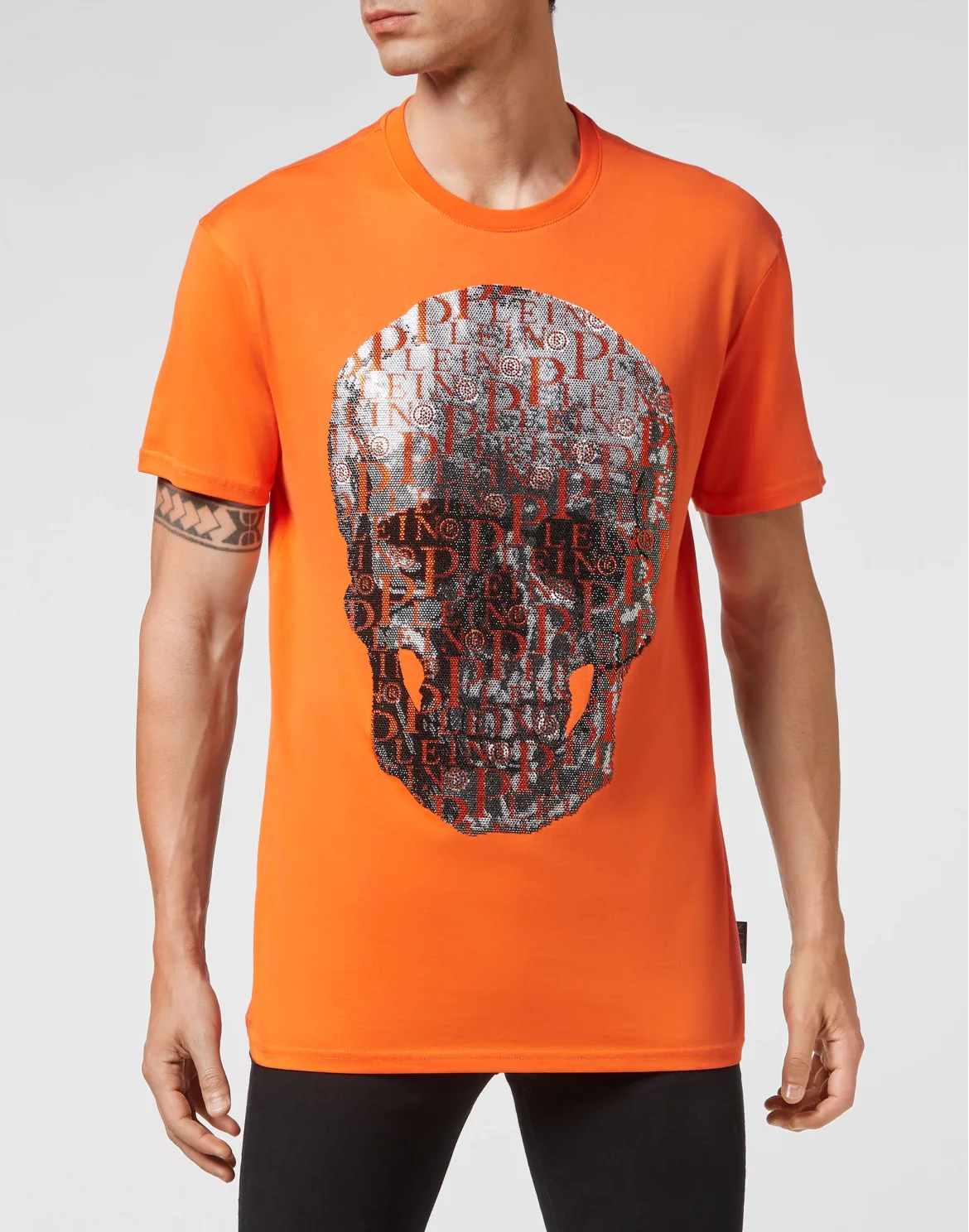 T-shirt Round Neck SS Skull and Plein with Crystals, цвет: Оранжевый