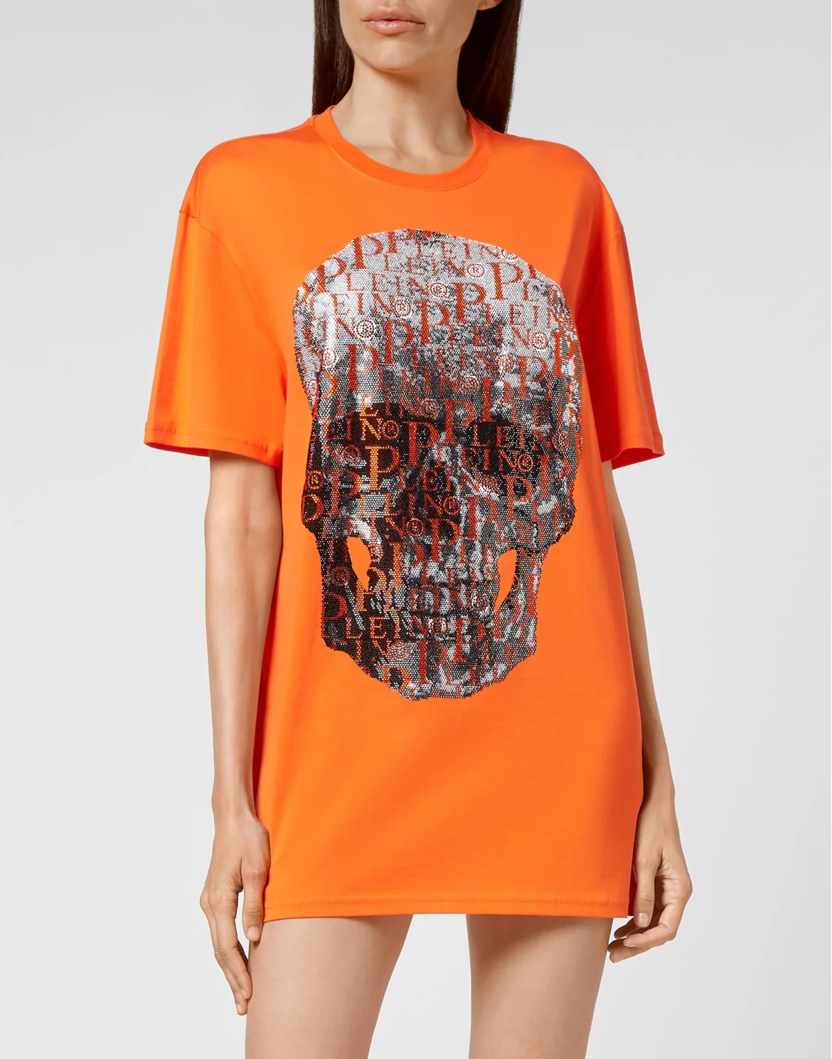 T-shirt Round Neck SS Skull and Plein with Crystals, цвет: Оранжевый