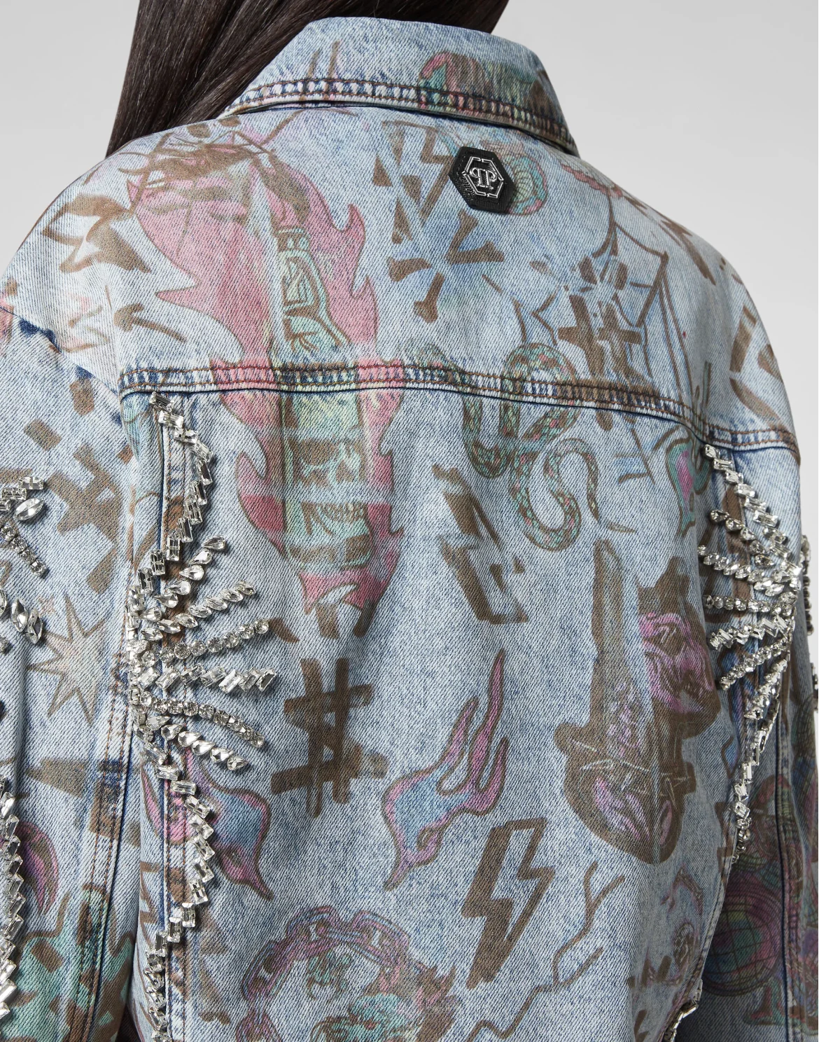 Denim Jacket Oversize Tattoo Monogram with Crystals, цвет: Синий