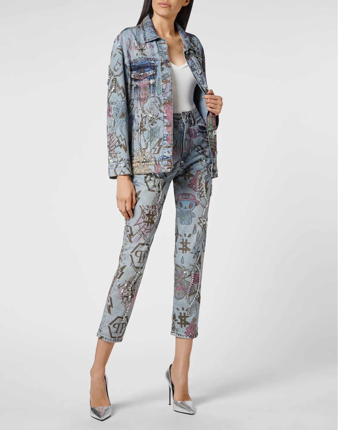 Denim Jacket Oversize Tattoo Monogram with Crystals, цвет: Синий