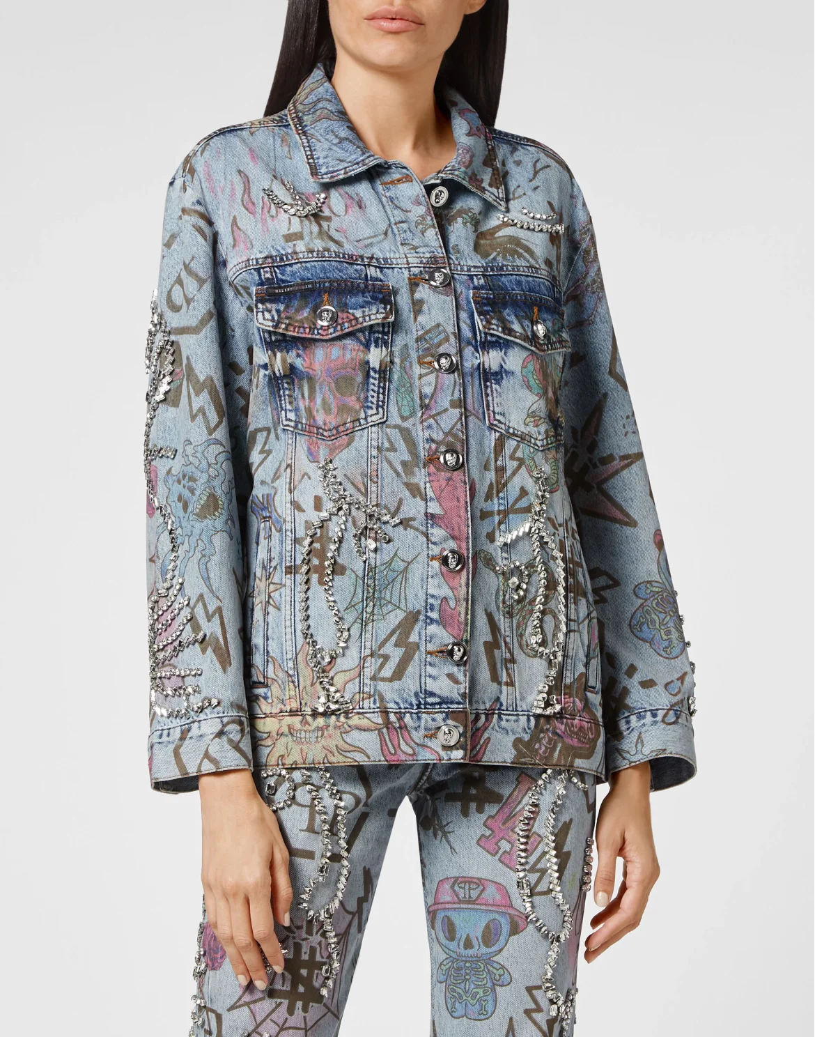 Denim Jacket Oversize Tattoo Monogram with Crystals, цвет: Синий