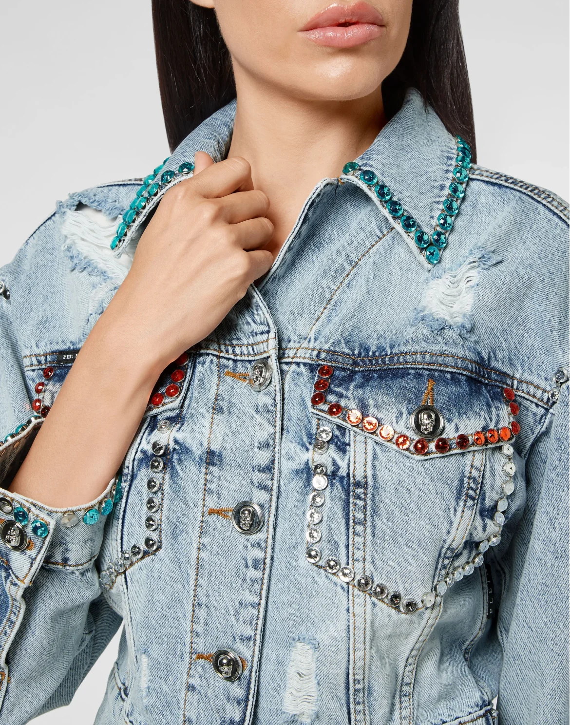 Denim Jacket Cropped Destroyed with Crystals, цвет: Синий