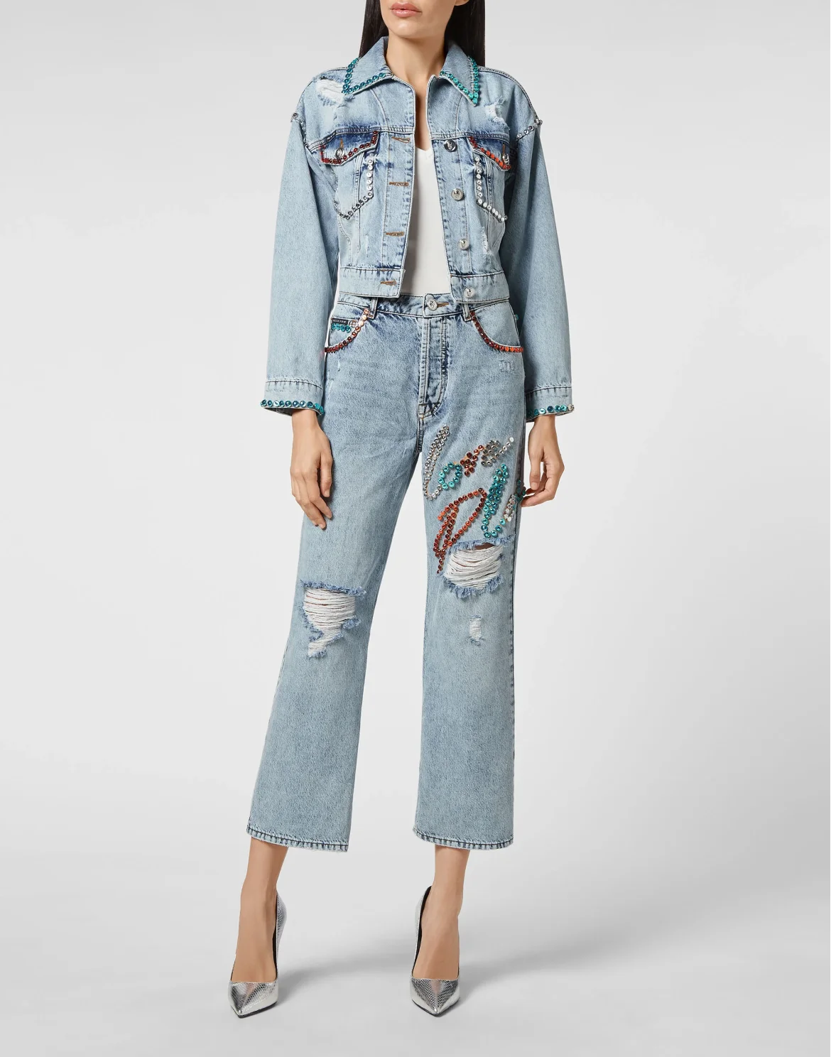 Denim Jacket Cropped Destroyed with Crystals, цвет: Синий