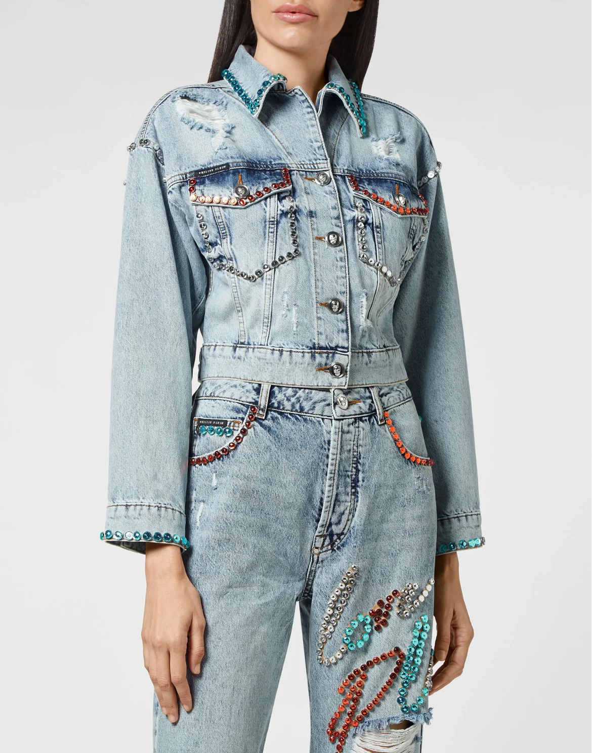 Denim Jacket Cropped Destroyed with Crystals, цвет: Синий