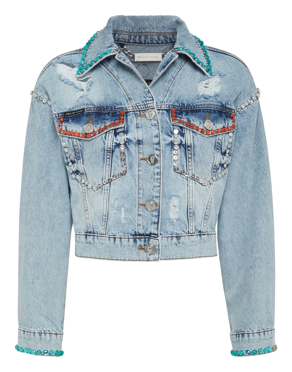 Denim Jacket Cropped Destroyed with Crystals, цвет: Синий