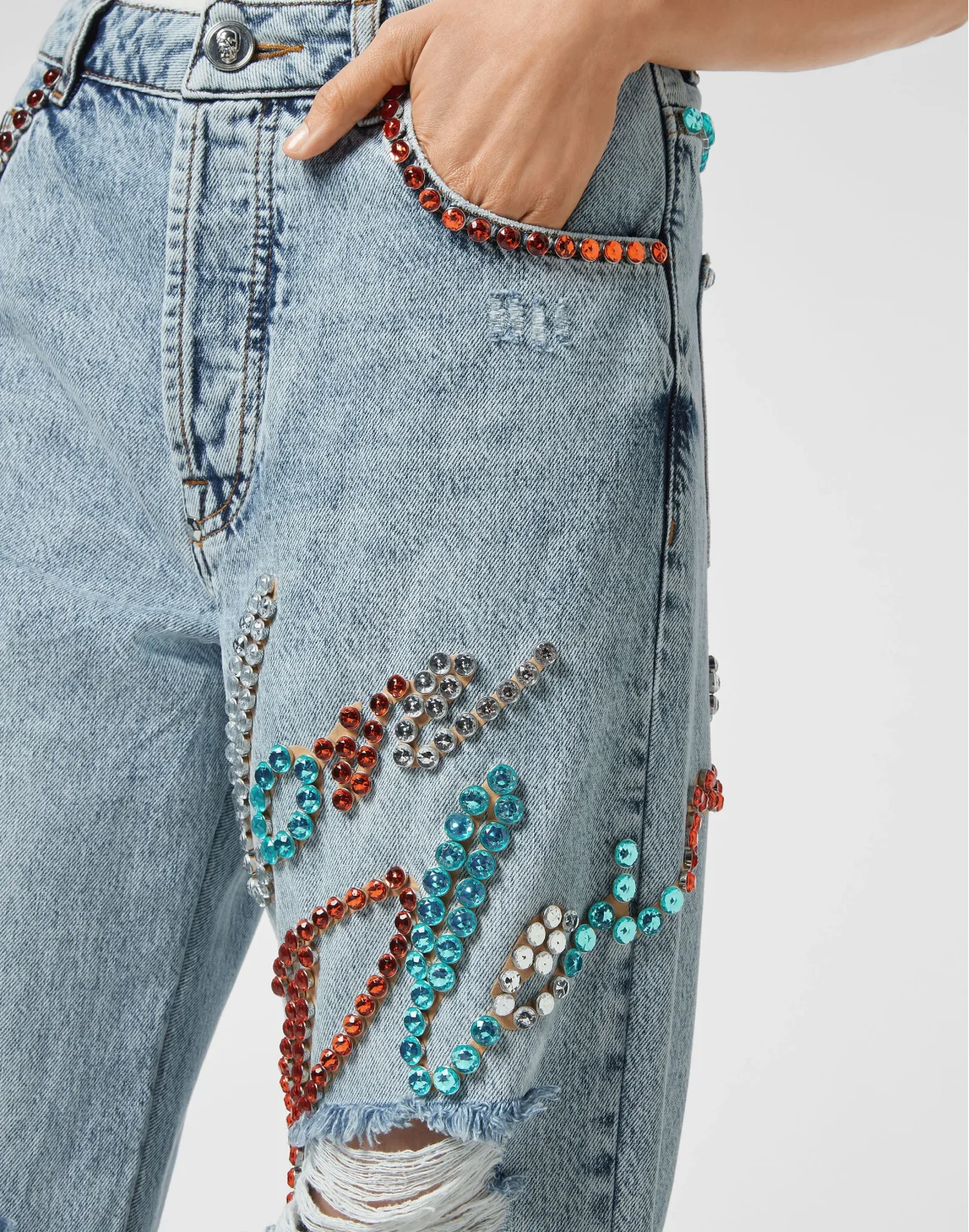 Denim Trousers Super Loose Fit Studs with Crystals, цвет: Синий