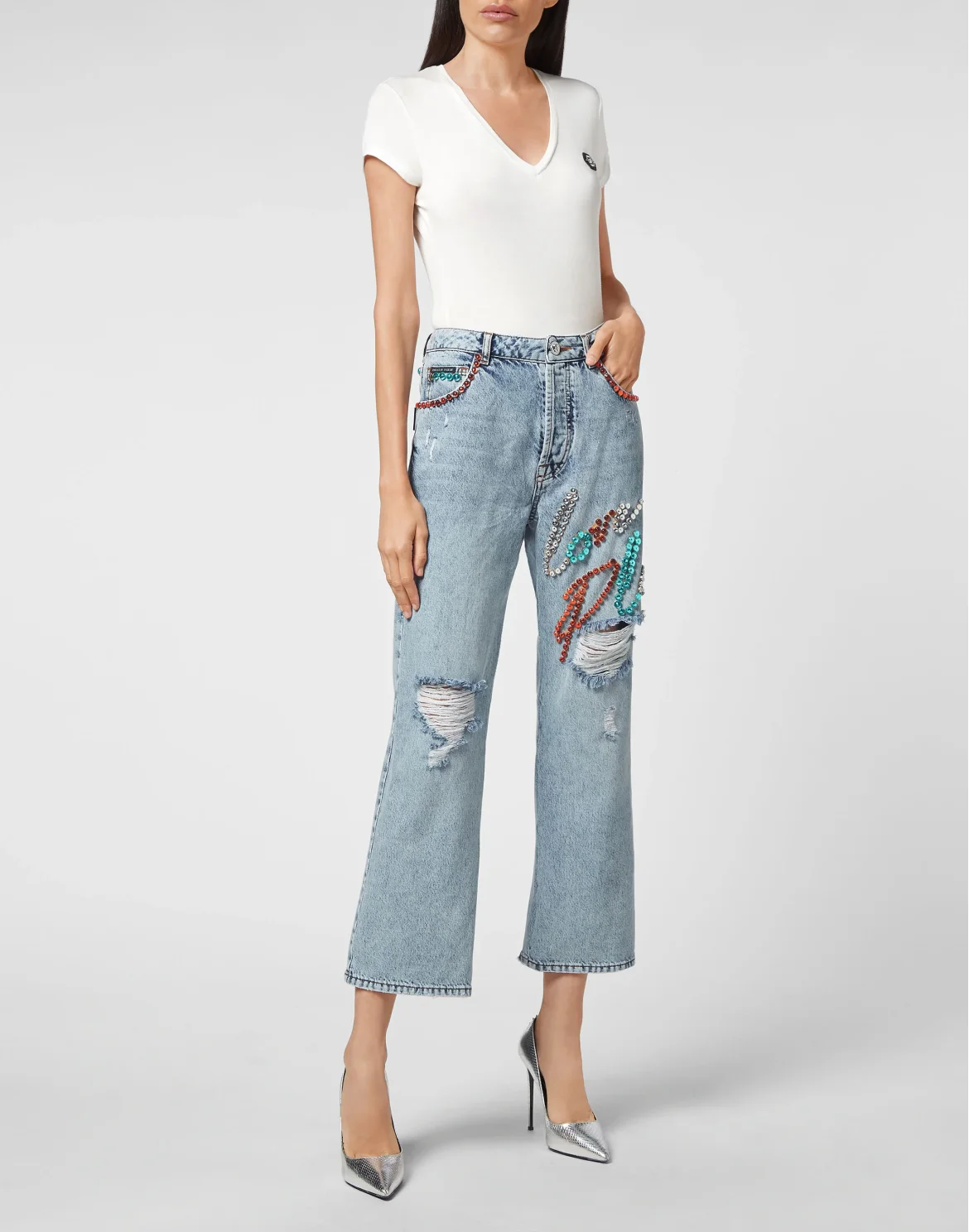 Denim Trousers Super Loose Fit Studs with Crystals, цвет: Синий