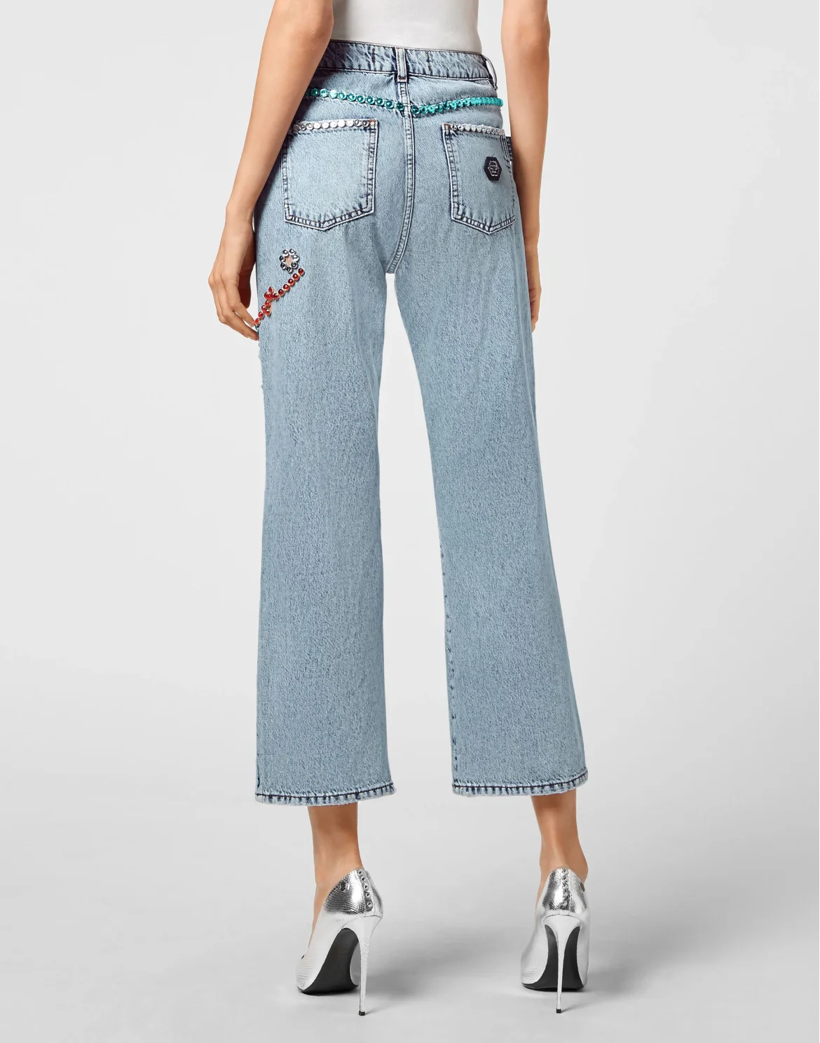 Denim Trousers Super Loose Fit Studs with Crystals, цвет: Синий