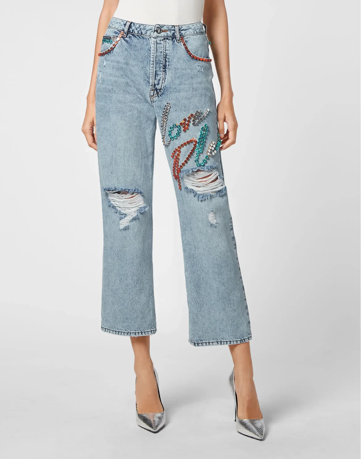 Denim Trousers Super Loose Fit Studs with Crystals, цвет: Синий