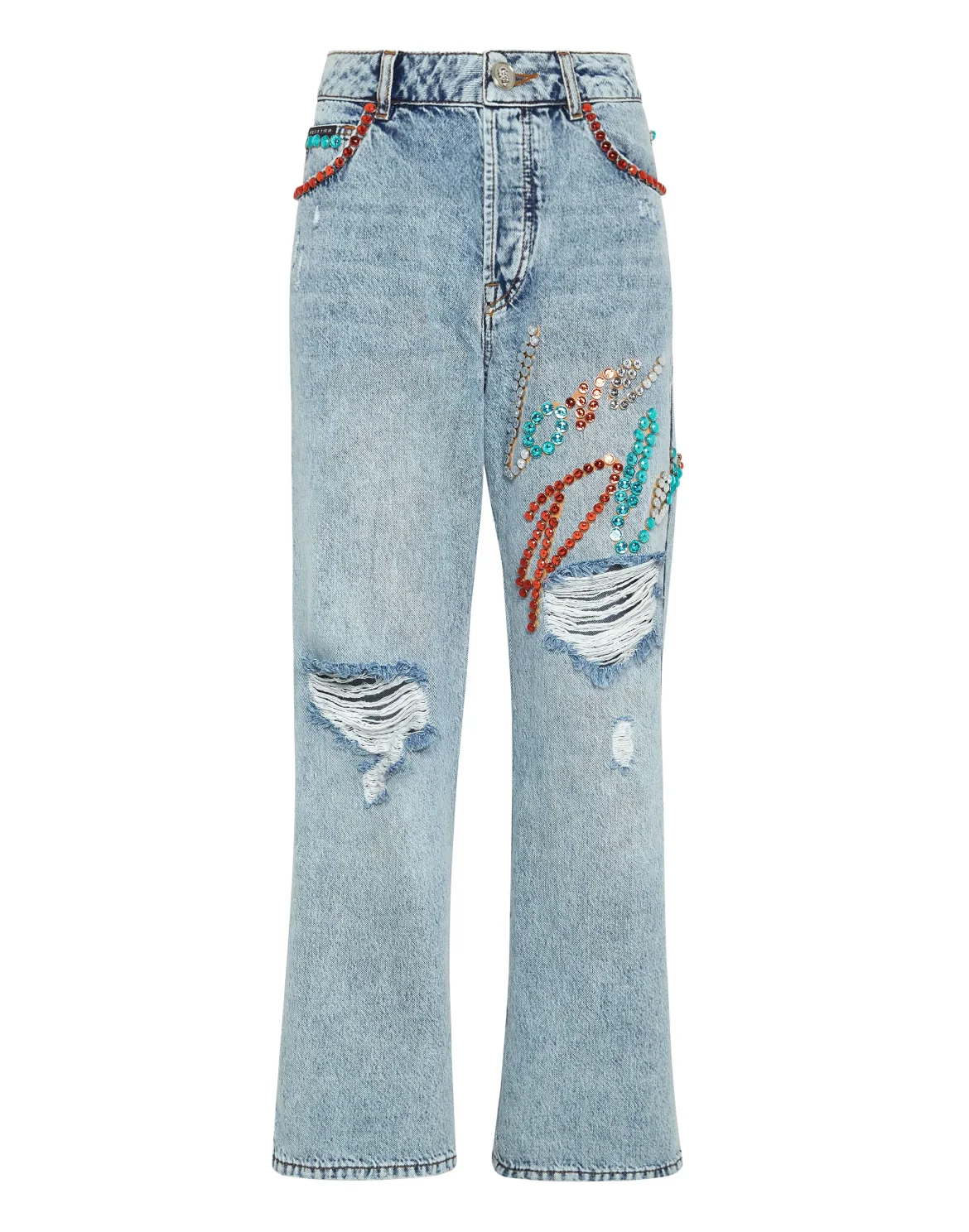 Denim Trousers Super Loose Fit Studs with Crystals, цвет: Синий
