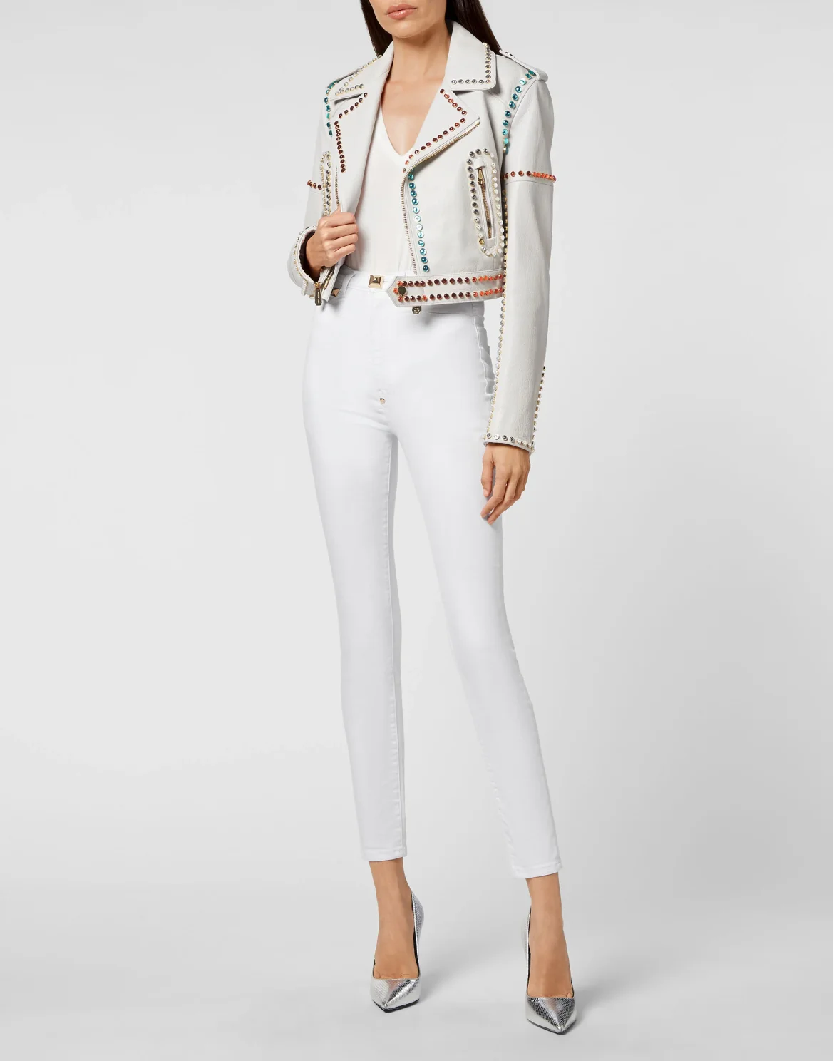 Leather Biker Cropped Crystal Stones with Crystals, цвет: Белый