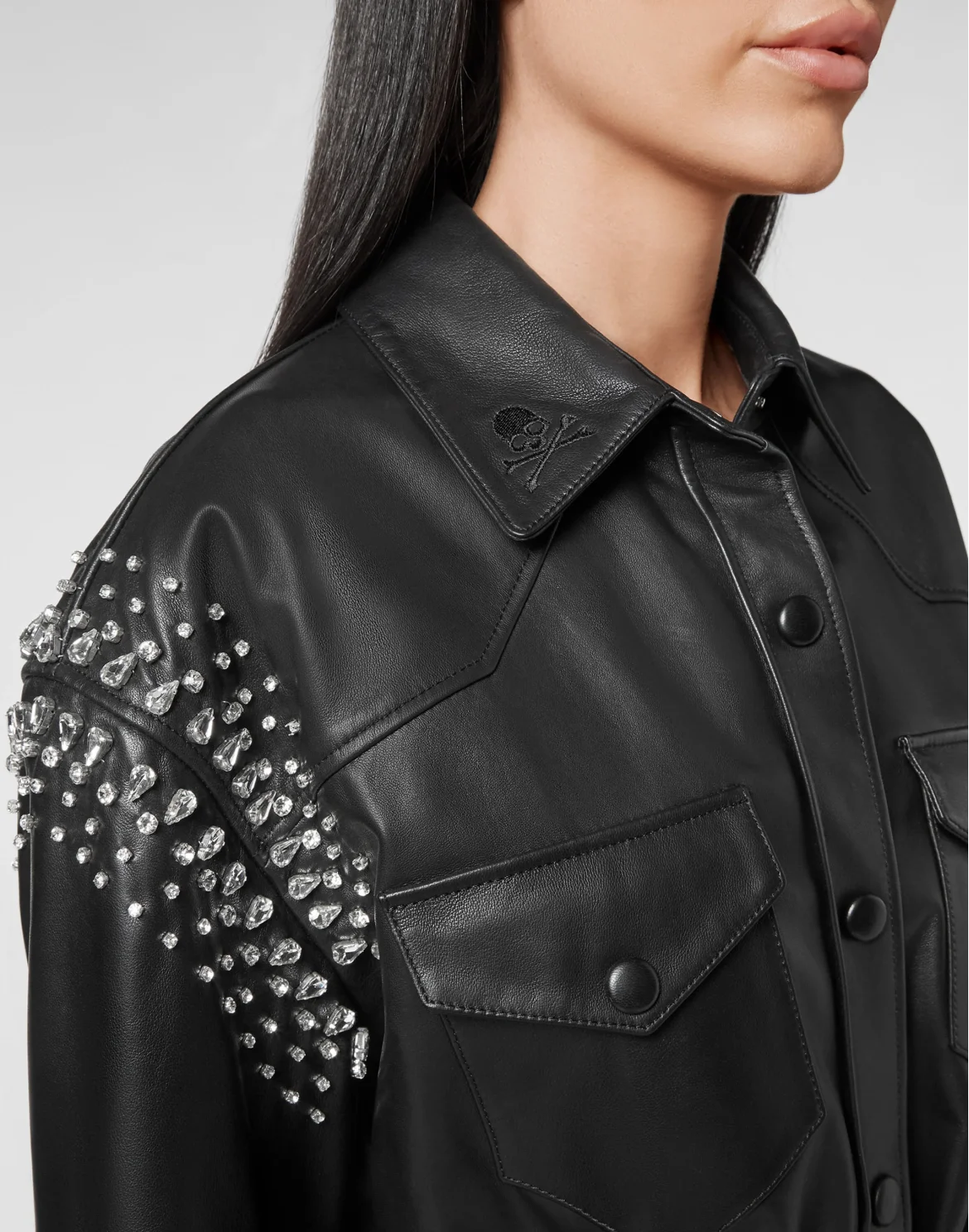 Leather Shirt Dress with Crystals, цвет: Черный