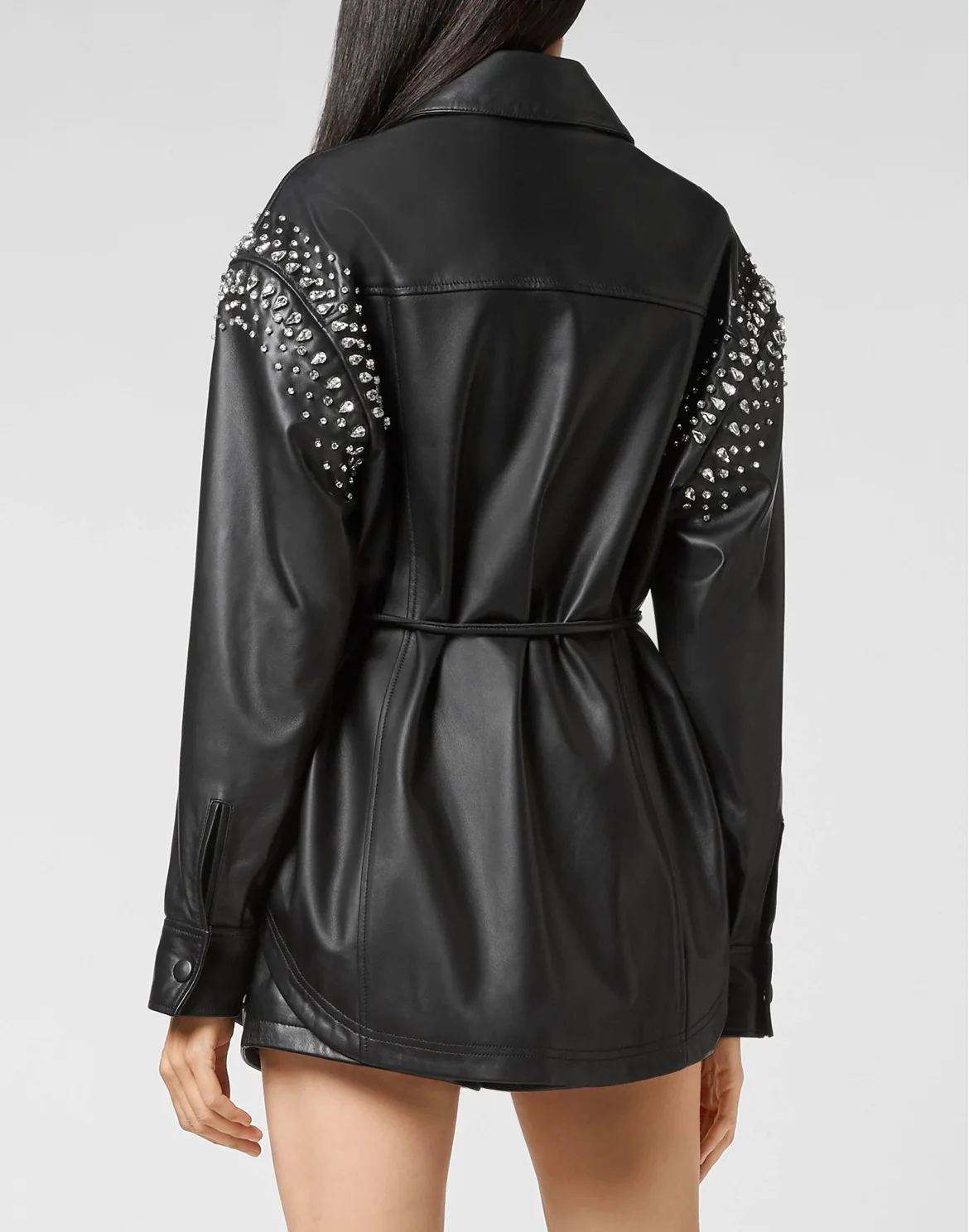 Leather Shirt Dress with Crystals, цвет: Черный
