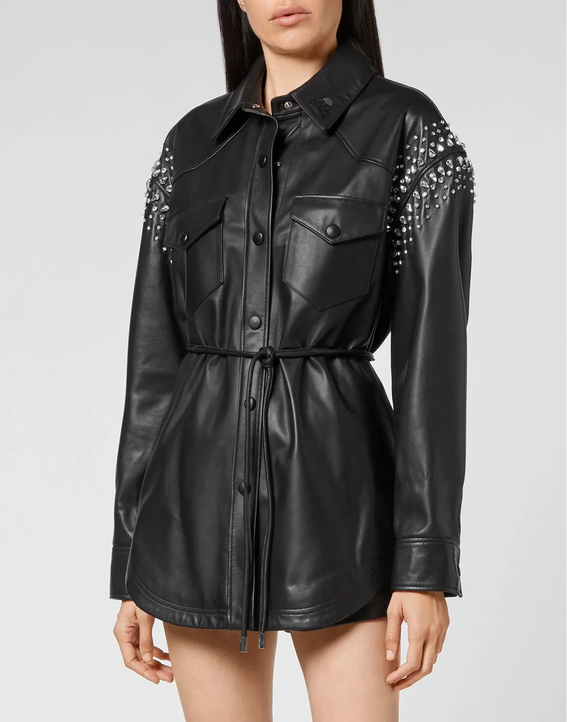Leather Shirt Dress with Crystals, цвет: Черный