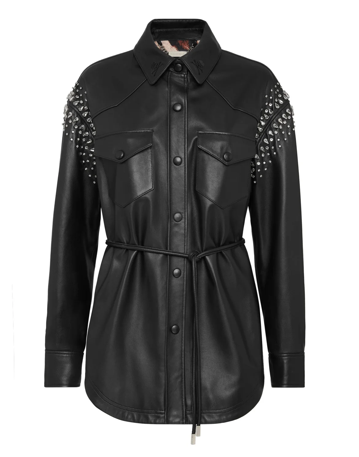 Leather Shirt Dress with Crystals, цвет: Черный