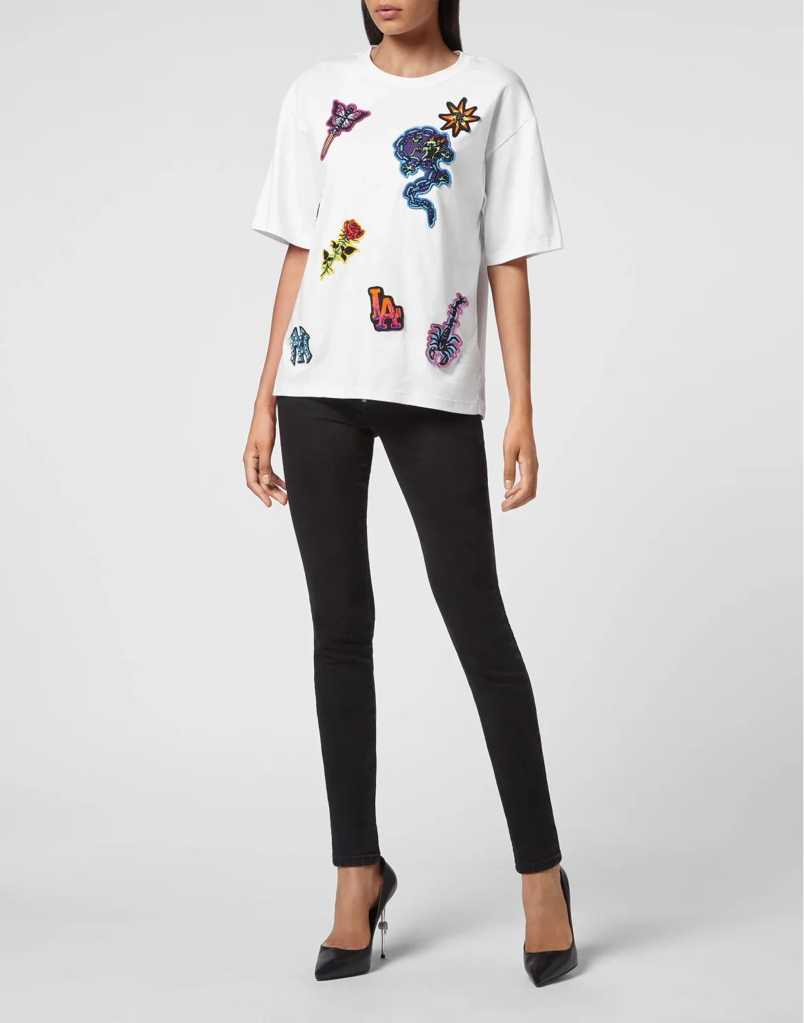 T-shirt Round Neck SS Stones Tattoo Patches with Crystals, цвет: Белый