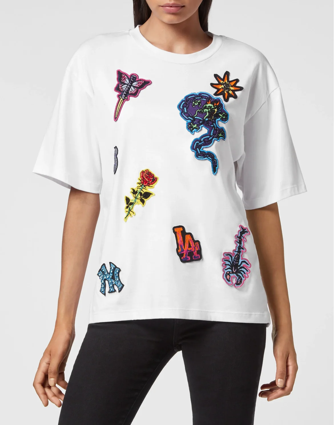 T-shirt Round Neck SS Stones Tattoo Patches with Crystals, цвет: Белый