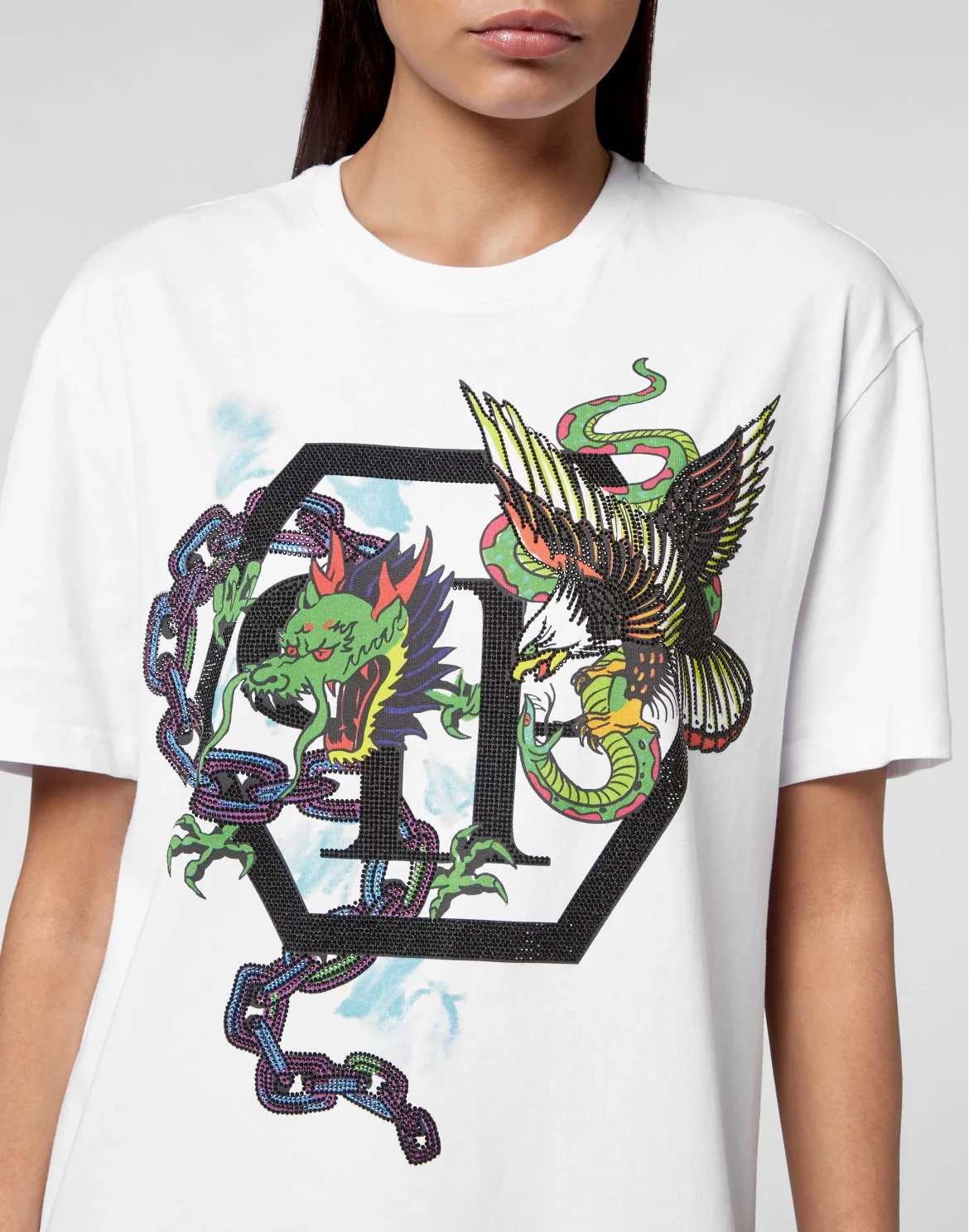 T-shirt Round Neck SS Tattoo Patches with Crystals, цвет: Белый