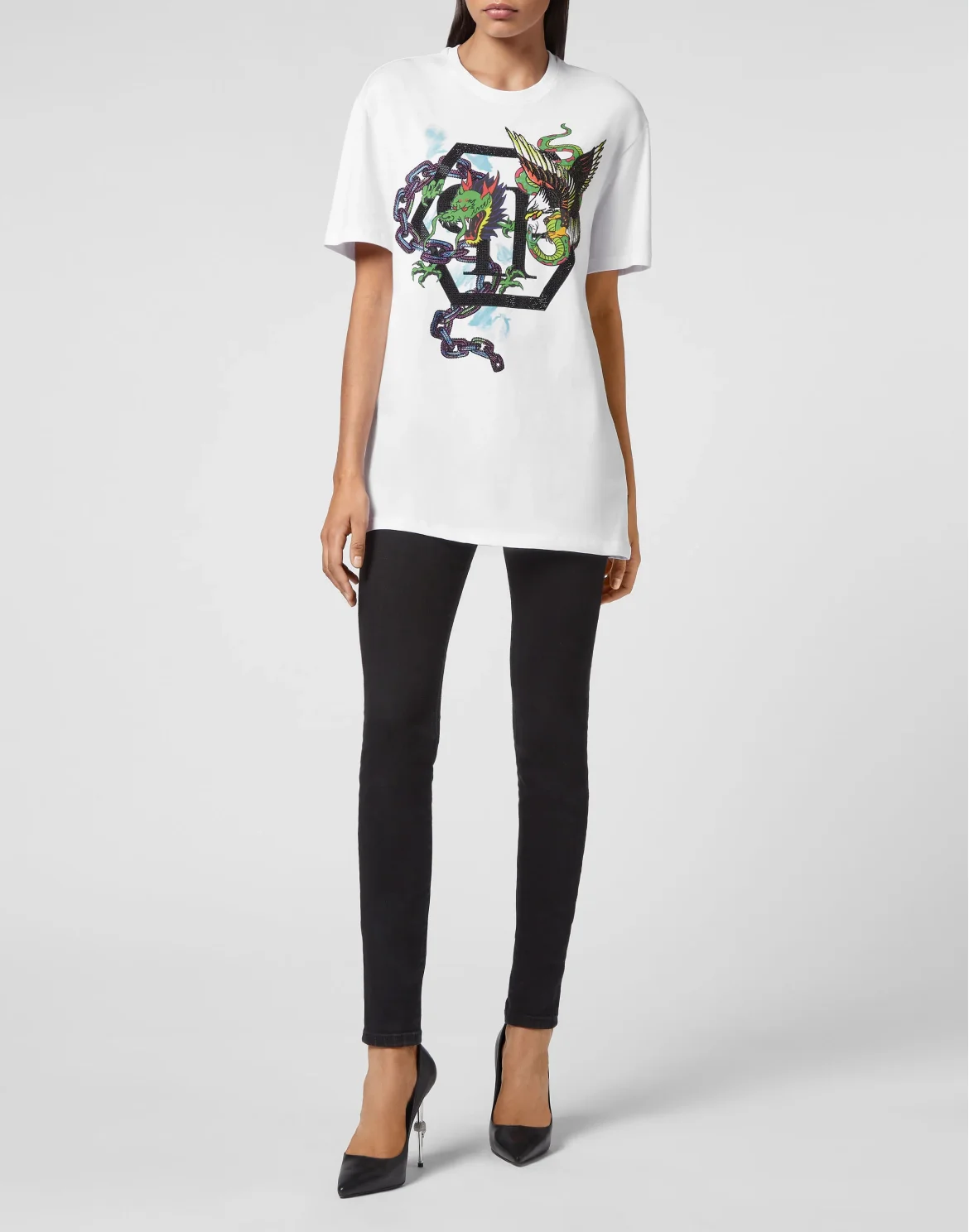 T-shirt Round Neck SS Tattoo Patches with Crystals, цвет: Белый
