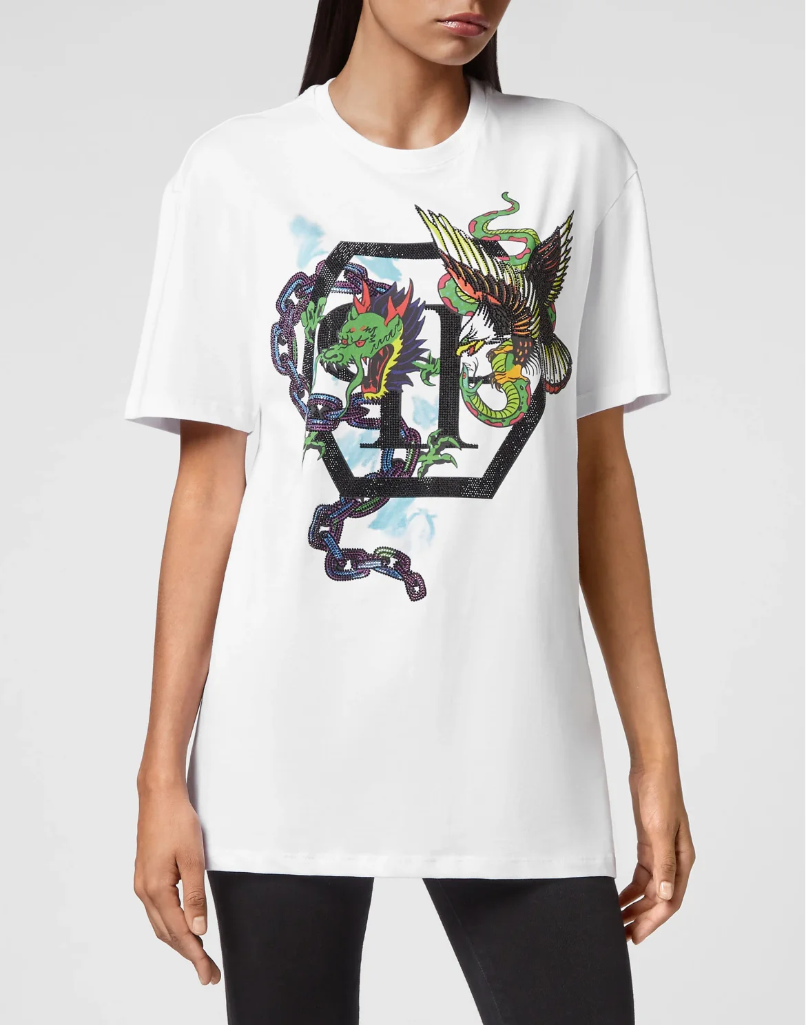 T-shirt Round Neck SS Tattoo Patches with Crystals, цвет: Белый