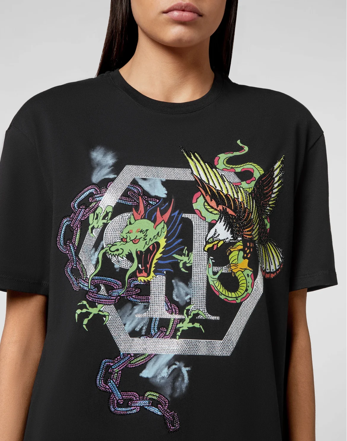 T-shirt Round Neck SS Tattoo Patches with Crystals, цвет: Черный