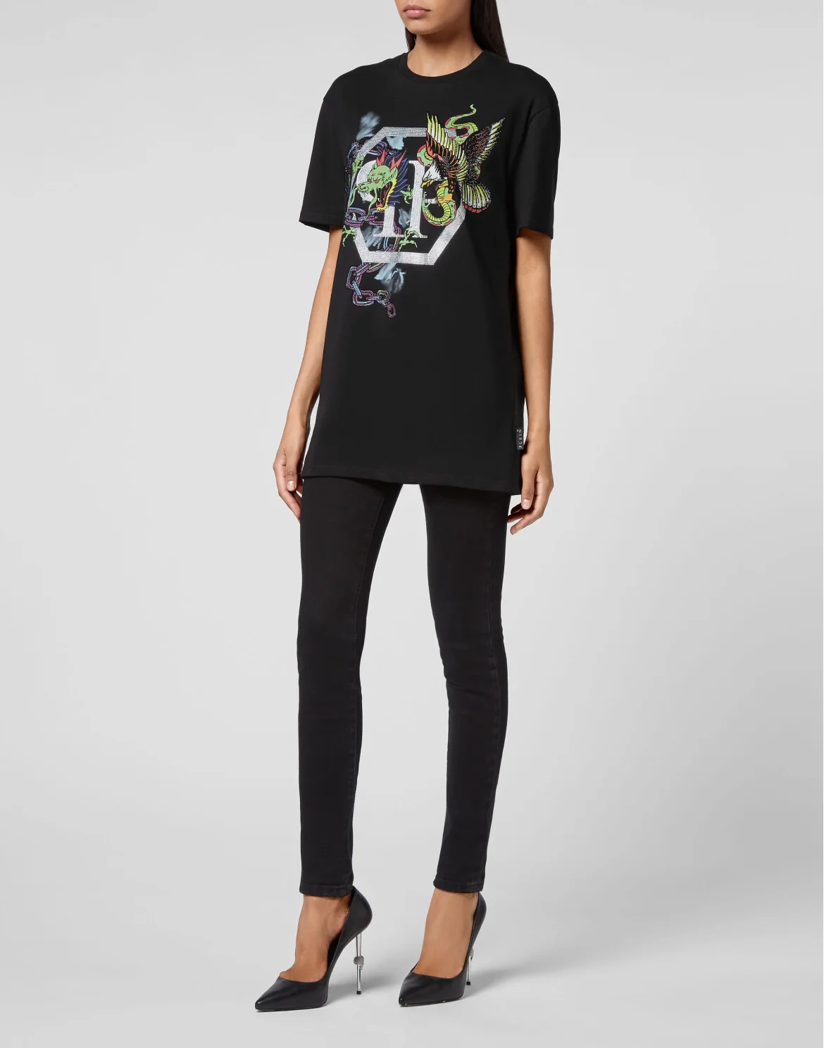 T-shirt Round Neck SS Tattoo Patches with Crystals, цвет: Черный
