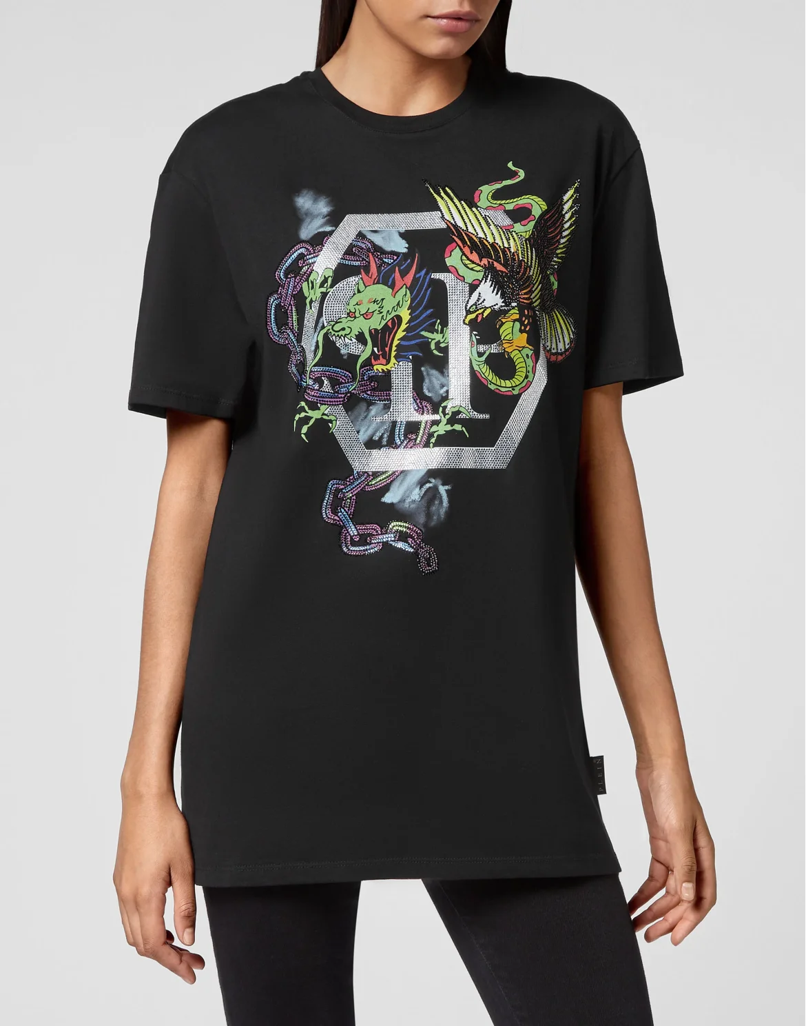 T-shirt Round Neck SS Tattoo Patches with Crystals, цвет: Черный