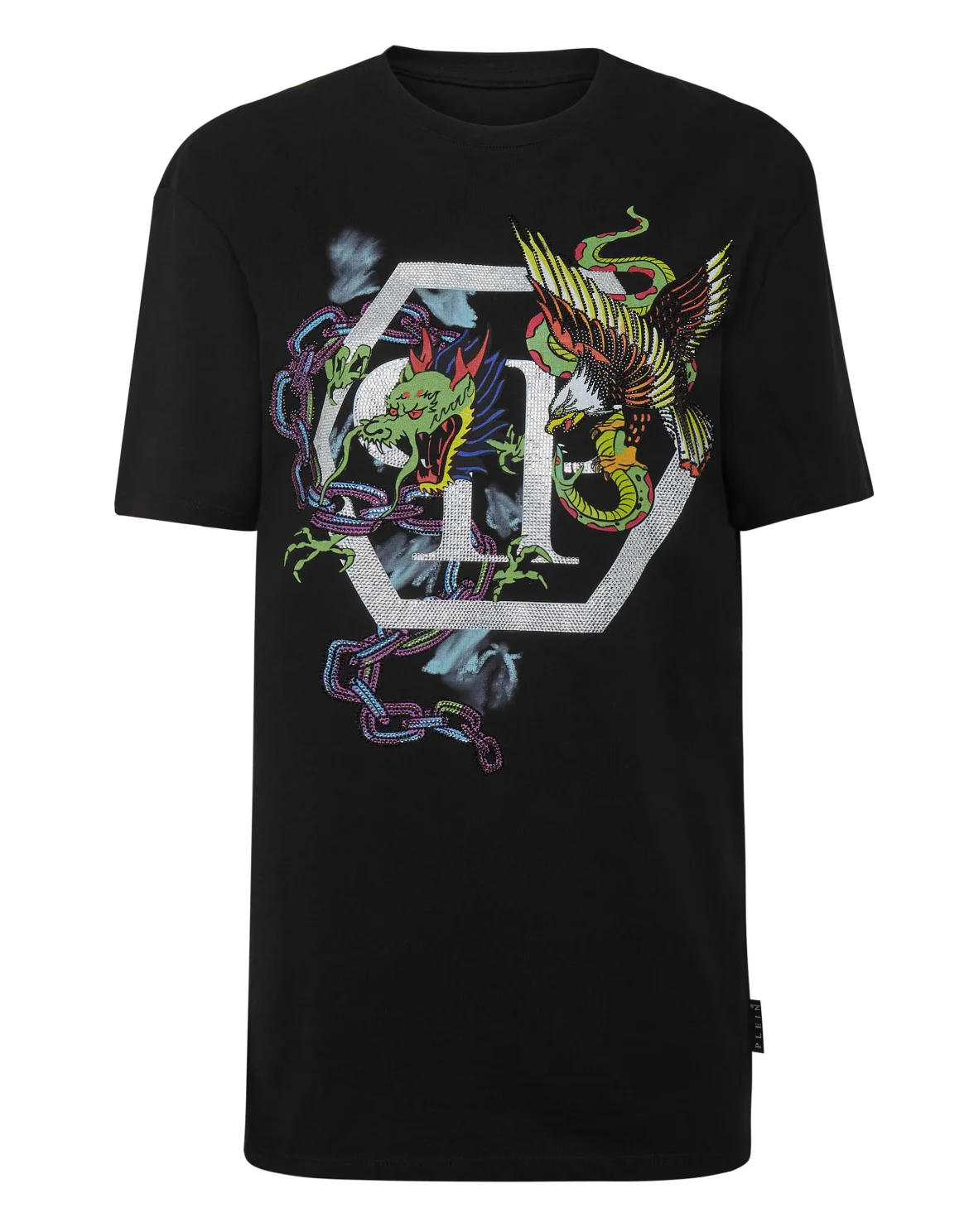 T-shirt Round Neck SS Tattoo Patches with Crystals, цвет: Черный
