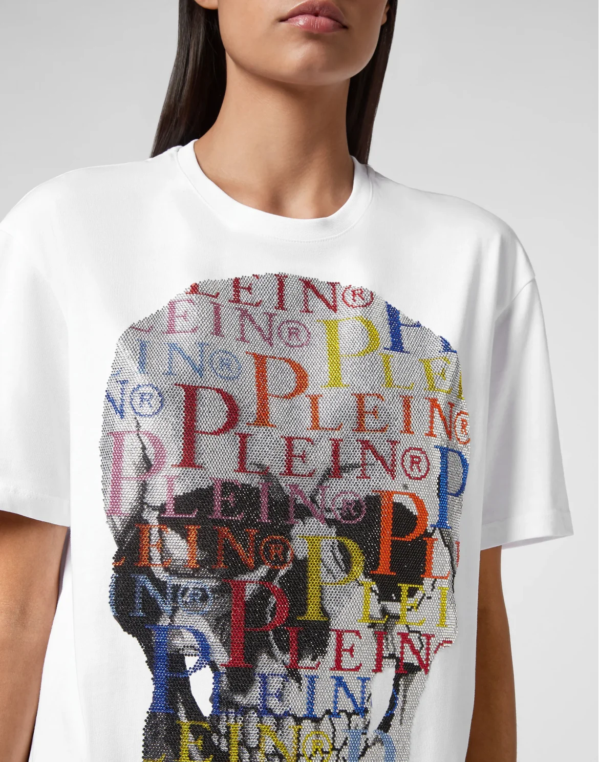 T-shirt Round Neck SS Multicolor Skull with Crystals, цвет: Белый